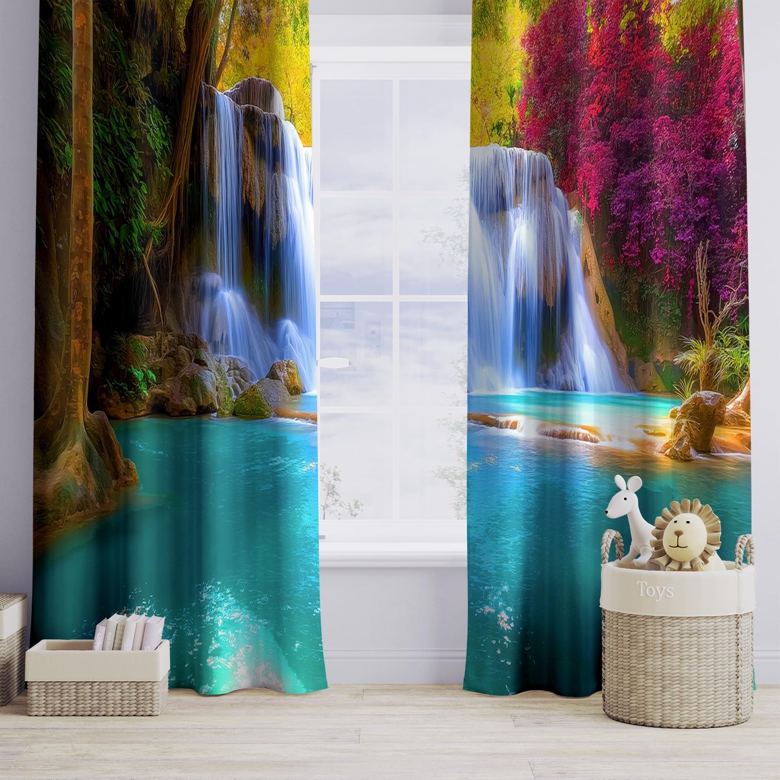 Verdunklungsvorhänge Garten Bäume Kinderzimmer Vorhänge Blickdicht, Hellblau Thermovorhang mit Ösen, für Schlafzimmer Fenster & Balkon Natur Felsen - 110 x 215 cm (2er Set)