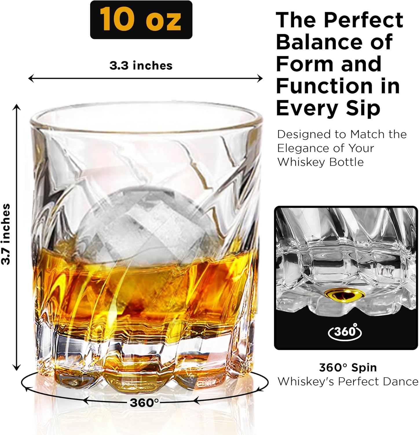 Whiskey Glasses Set of 4 - Spinning Bourbon Glass with Ice Ball Mold - Elegant Scotch, Old Fashioned Rotating Base - Thick Crystal Drinking Kit Scotch - Elegant Barware Gift for Whisky Lovers - Image 2