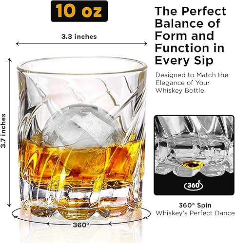 Miniatura 2 de Juego de 4 vasos de whisky, vaso de bourbon giratorio con molde de bola de hielo, elegante base giratoria de estilo antiguo, kit de cristal grueso,