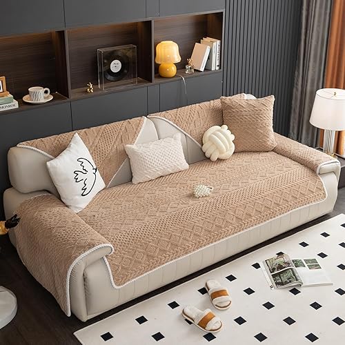 Miniatura 6 de vctops Funda de sofá de felpa jacquard tipo cable estilo bohemio para perros, funda suave y antideslizante para sofá seccional, gruesa y cálida,