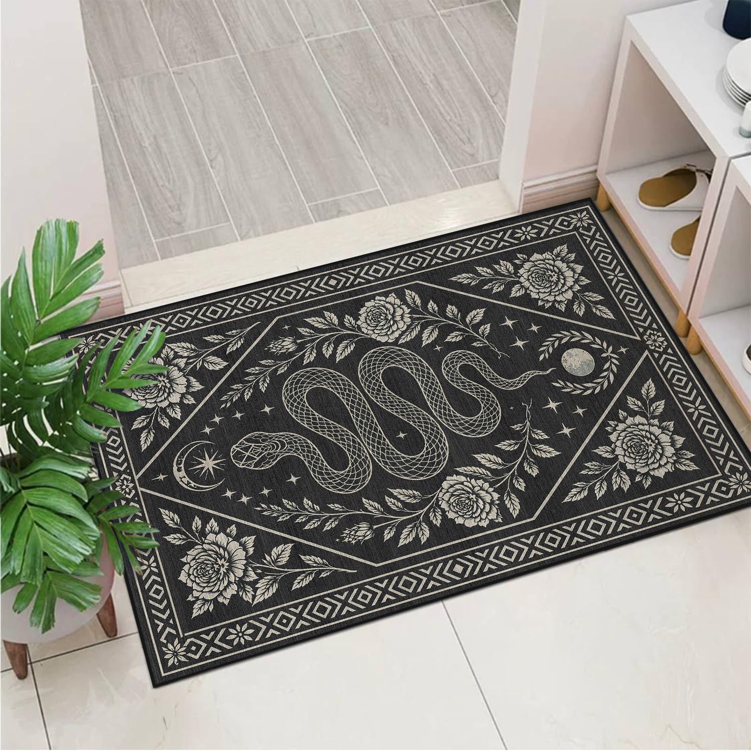 Gothic Snake 2x3 Rug for Entryway Floral Rugs Moon Star Carpet Machine Washable Low Pile Non-Slip Indoor Door Mat for Kitchen Bedroom Bathroom Entry Black and White
