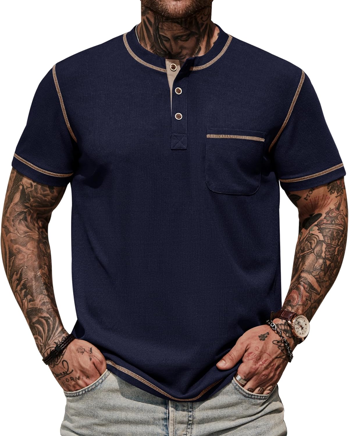Mens Henley Shirts Casual Waffle Stretch Summer T-Shirt with Pocket (S-XXL)