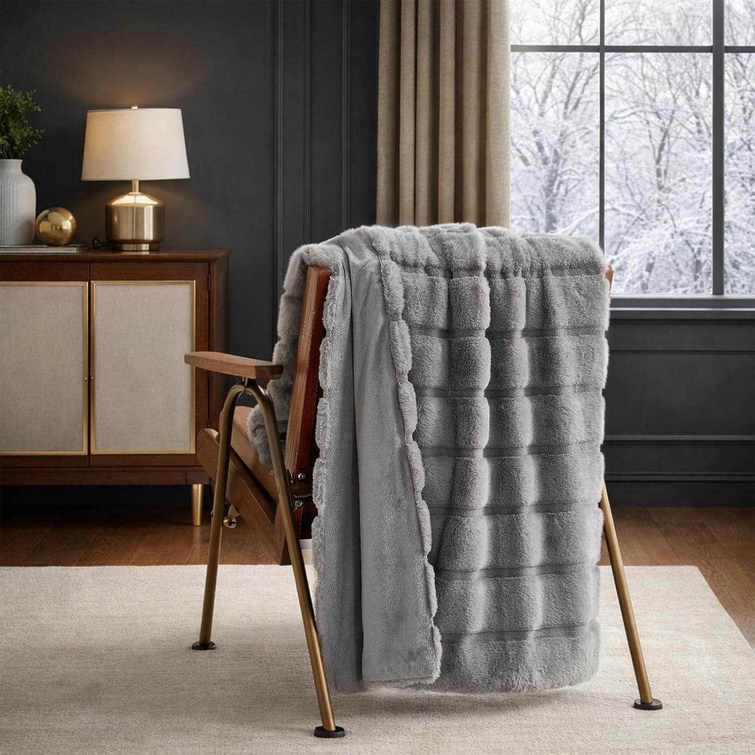 Cozy Bliss Deluxe Sheared Rabbit Faux Fur Throw Blanket, Soft Fuzzy High-Low Sculpted Plush Blanket for Couch, Cozy Home Accent, All Season Use, Grey 50"x60" - Image 6