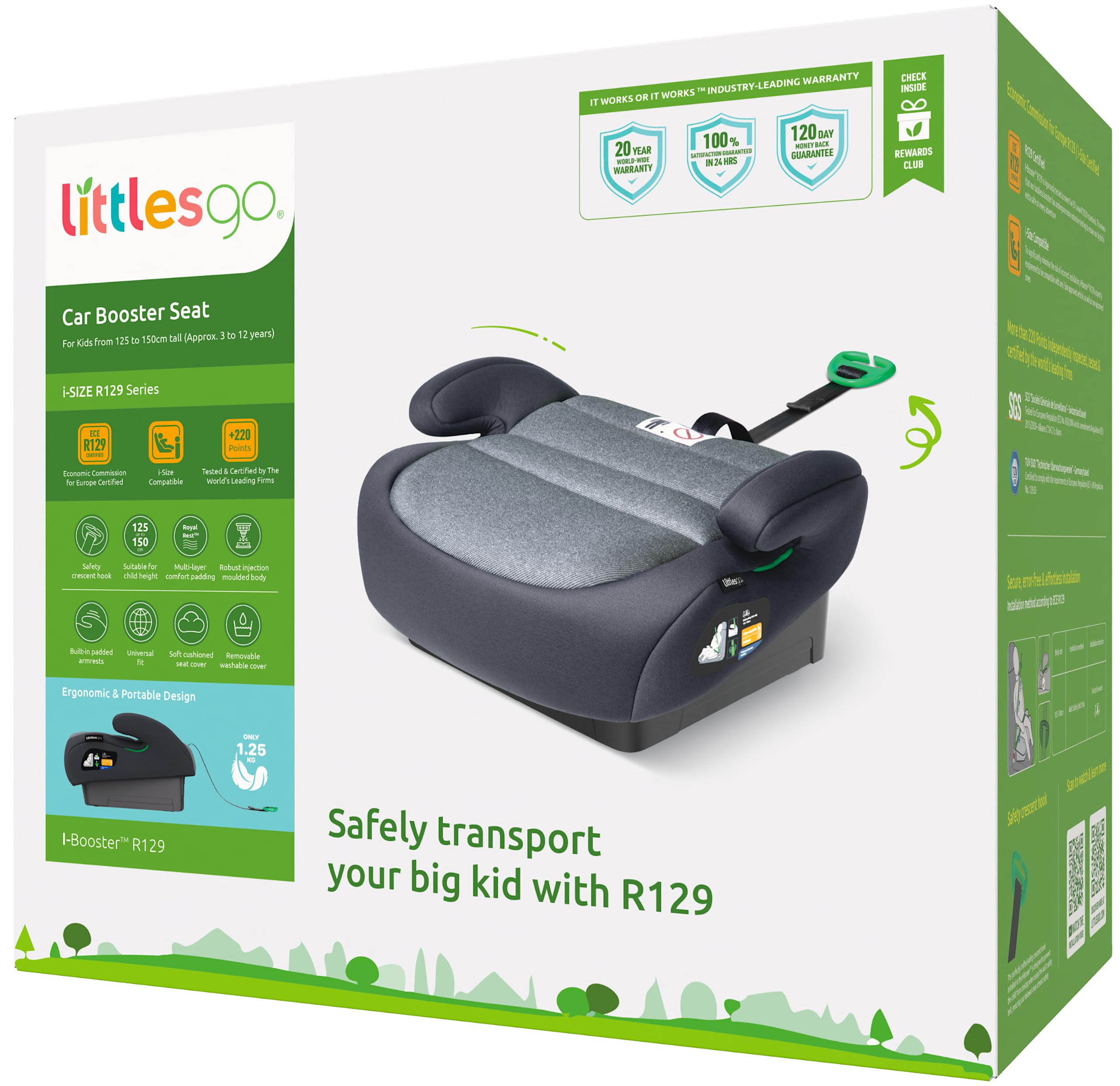 Littlesgo I-Booster Car Seat, i-Size R129, 125-150cm (3-12 Yrs), Grey