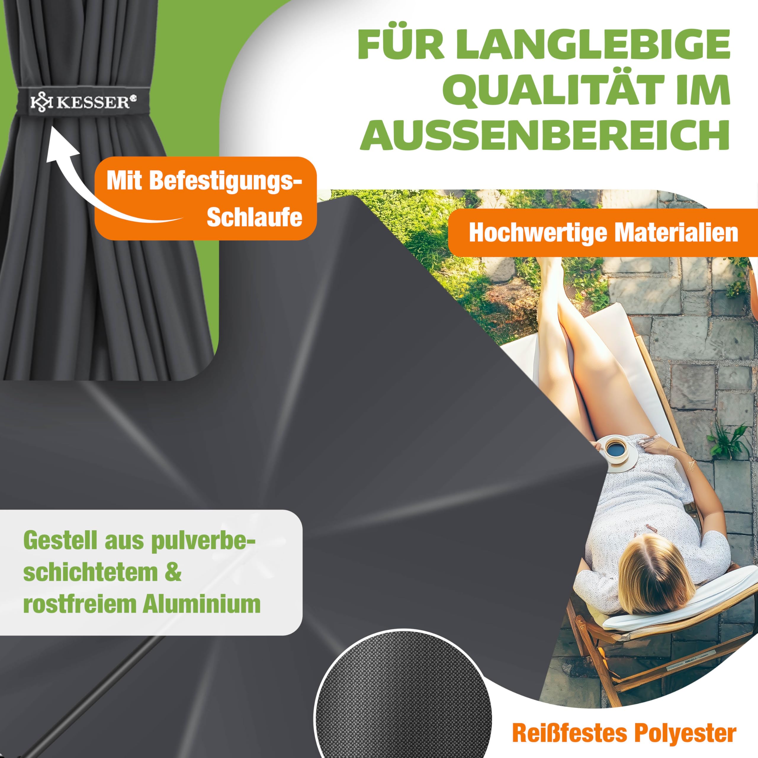 KESSER® Sonnenschirm Ø 350 cm, Ampelschirm mit Kurbel, für Balkon, Terrasse & Garten, Sonnenschutz, Gestell & Ständer aus Alu, UV-Schutz, wasserdicht + Windfest, 360° Funktion + Schutzhülle, Anthrazit