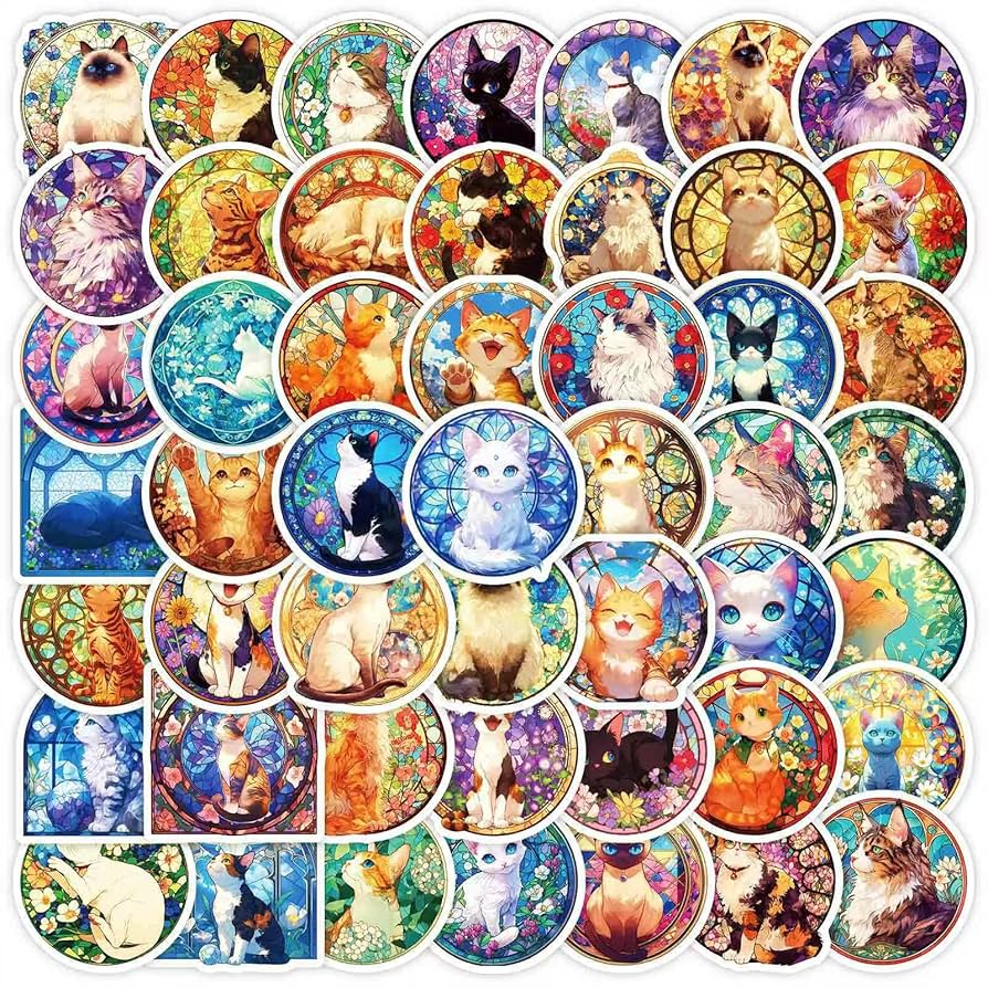Amazon.co.jp: ステンドグラスの猫，キャラクターシール，PVC