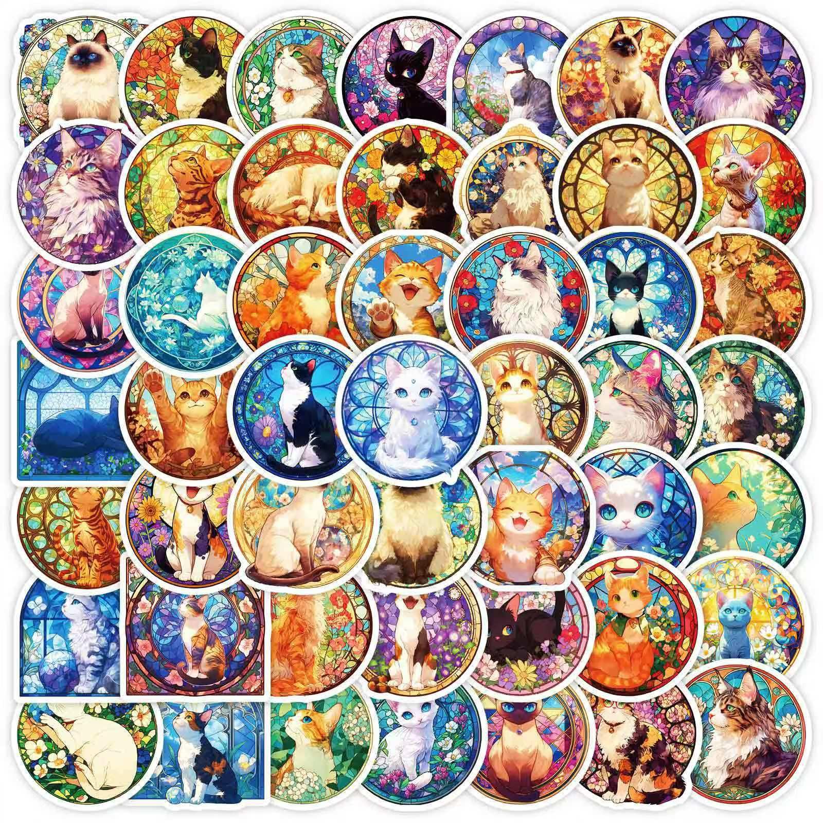 Amazon.co.jp: ステンドグラスの猫，キャラクターシール，PVC材質，50