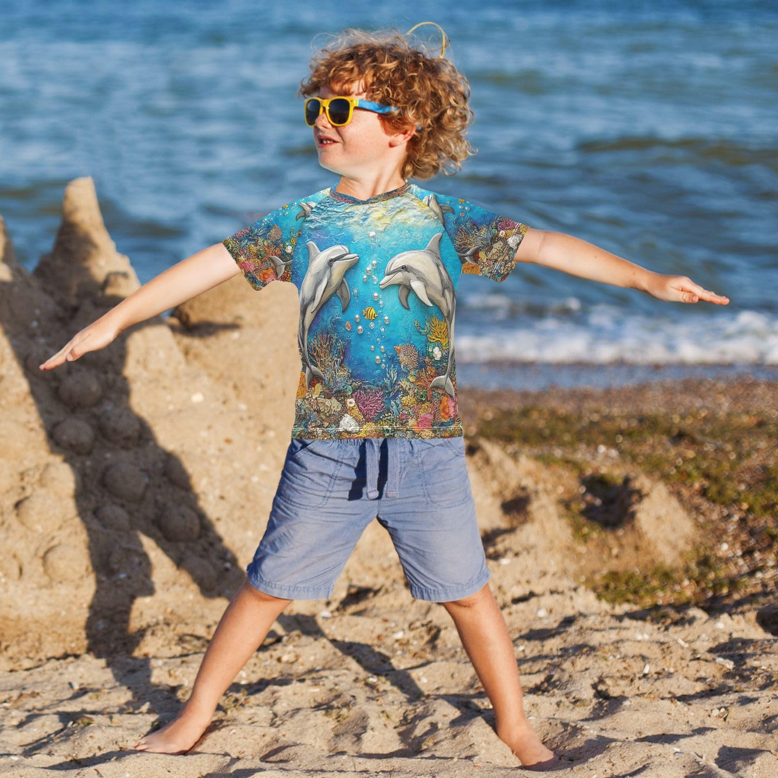 Boys Sun Shirts UV Protection Short Sleeve Rash Guard Swim Shirt Dolphin Water Shirt Rashguard 7-8T,094