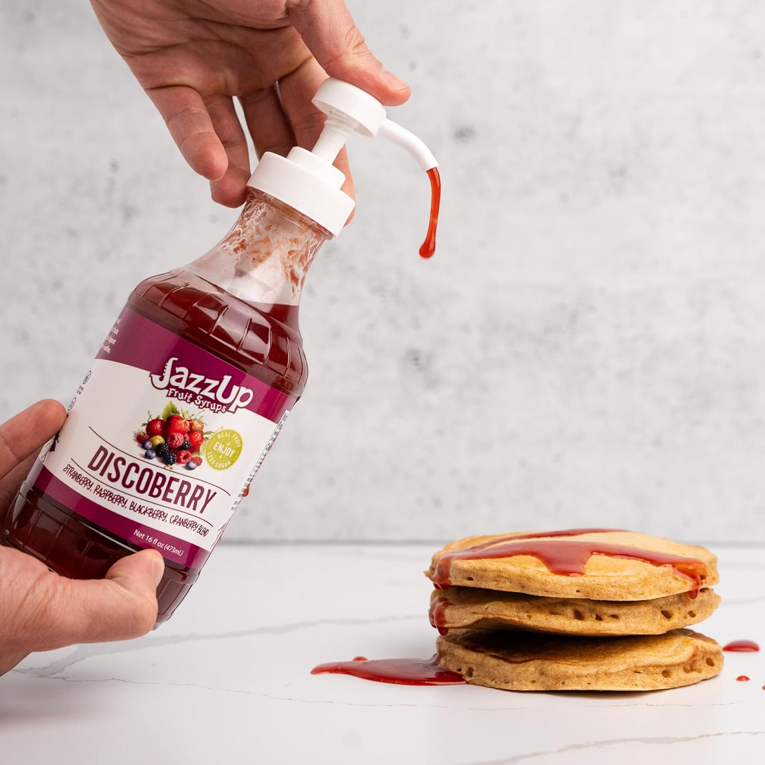 JazzUp Fruit Syrup and Drink Mixer Variety Pack - Less Sugar & Real Fruit Puree for Pancake, Waffles, Crepes, Fruit Flavored Water, Italian Soda, Smoothie, and Beverage Mixing - 16 fl oz, 4pc