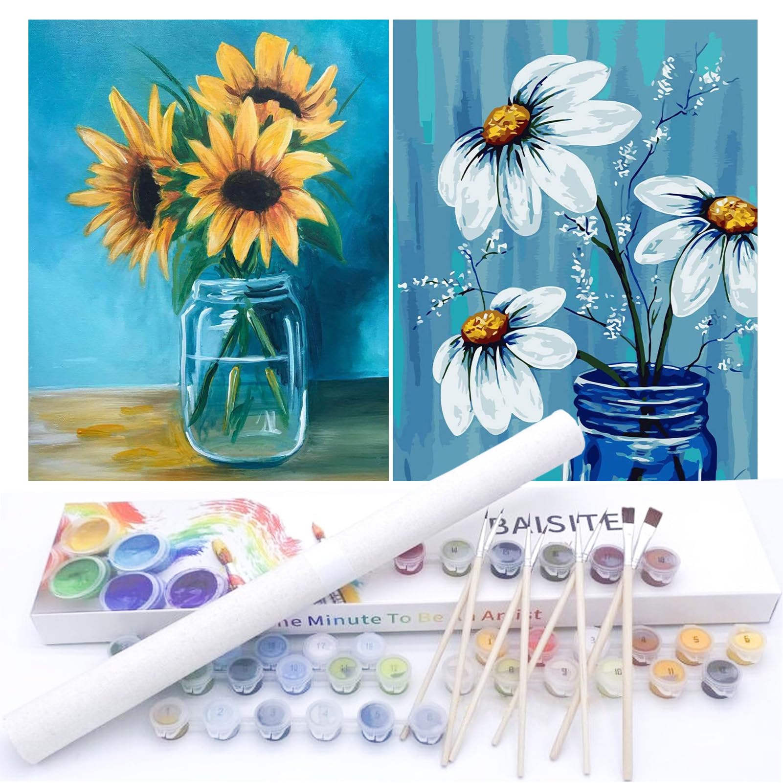 BAISITE Paint by Numbers Kit for Adults Beginners,12" Wx16 L 2 Pack Canvas for Painting Kits for Adults in Colorful Box-Daisy and Sunflowers 0304