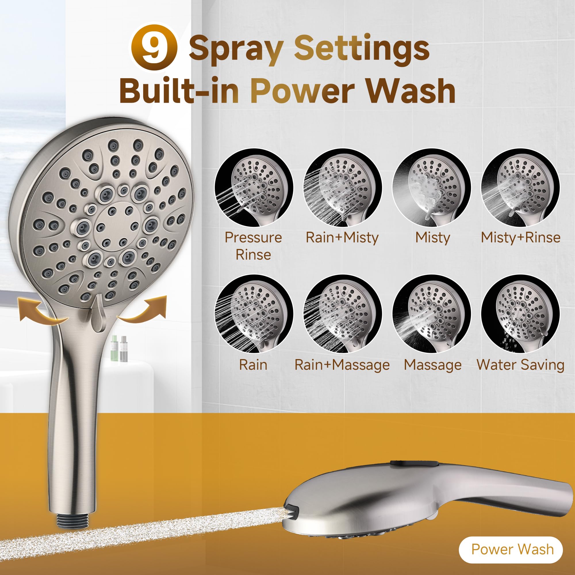 BRIGHT SHOWERS Soffione doccia a pioggia con soffione doccia a pioggia e soffione doccia portatile con supporto regolabile in altezza, guida in ottone massiccio, tubo in acciaio inox lungo 152 cm