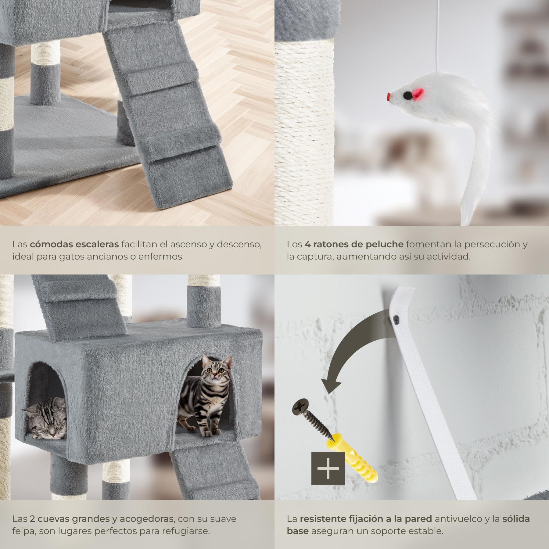 TecTake® Árbol para gatos Rascador para gatos de sisal H170 cm, Juegos para gatos Apartamento Accesorio Rascador Nido Cama Cesta Cama para gatos Juego de ratón Escalera