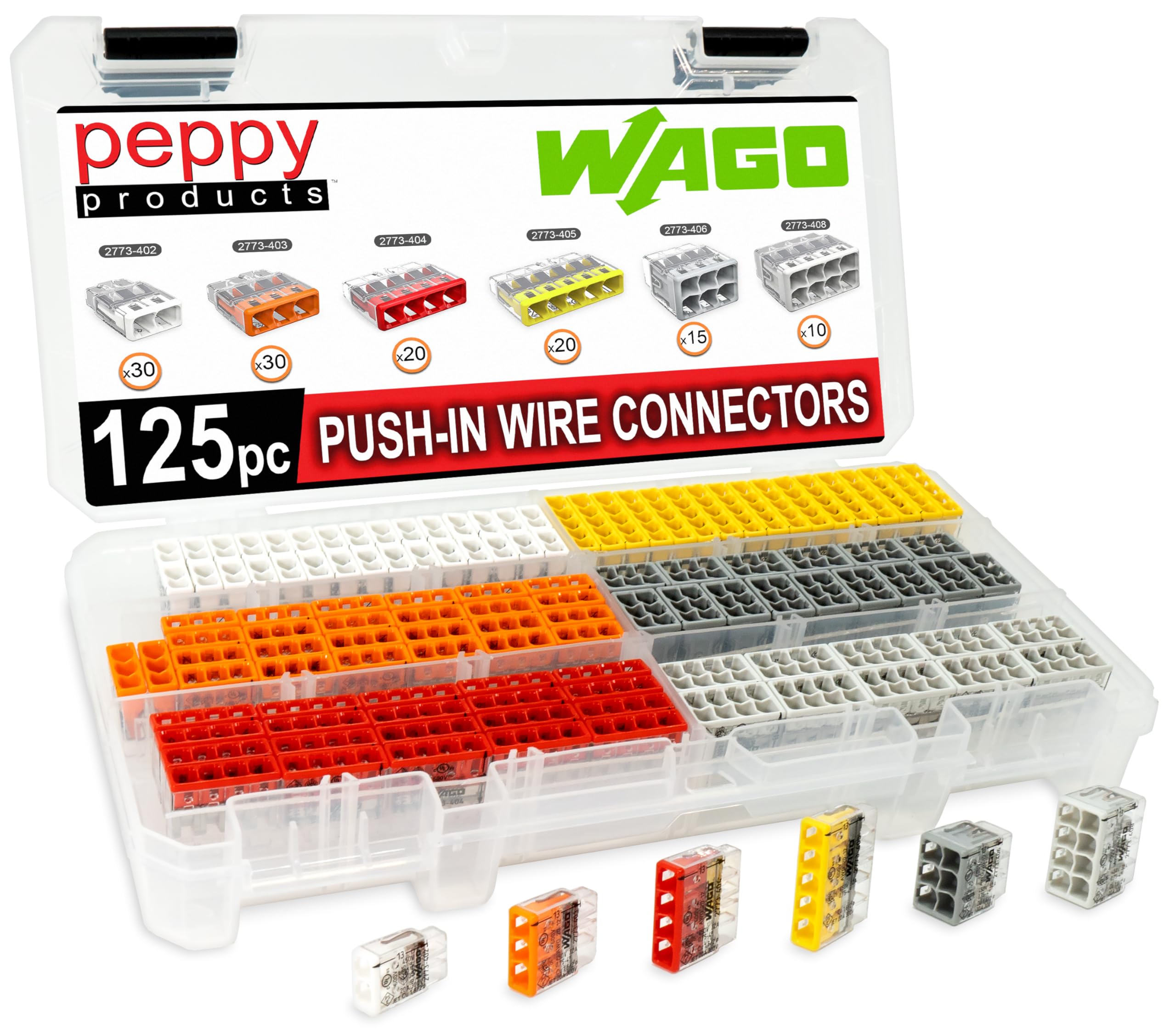 WAGO 2773 Wall Nuts 125pc Push-in Wire Connector Assortment Kit with Case | Splicing for Solid and Stranded Electrical Conductors | 2773-402, 2773-403, 2773-404, 2773-405, 2773-406, 2773-408