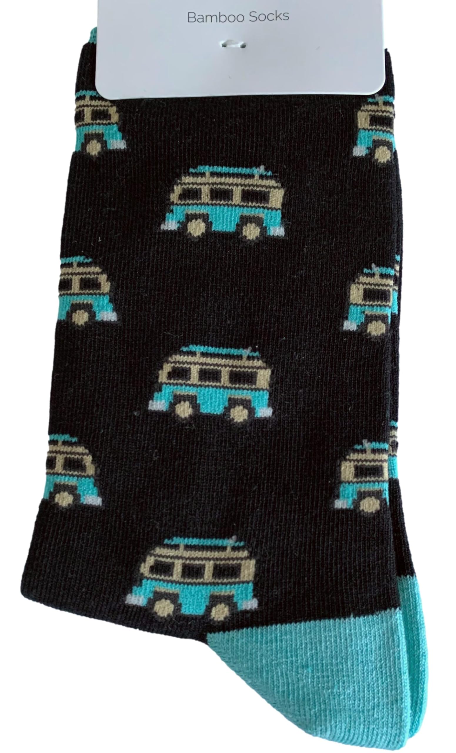 Purple Possum® Mens Socks Camper Van Turquoise Blue Campers Black Novelty Cotton Bamboo Blend Gents Fun Socks Size 7-11