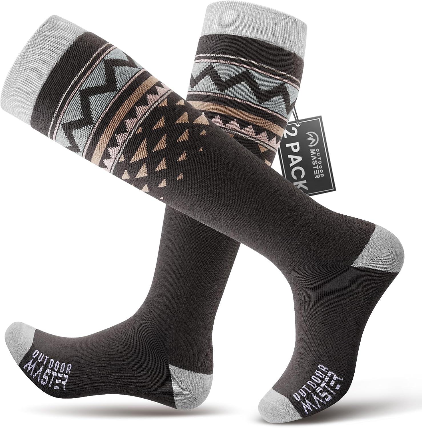 OutdoorMaster Update Ski Socks, 2 Pack Snowboarding Socks for Men & Women, Thermal Winter Warm & Breathable, Over The Calf