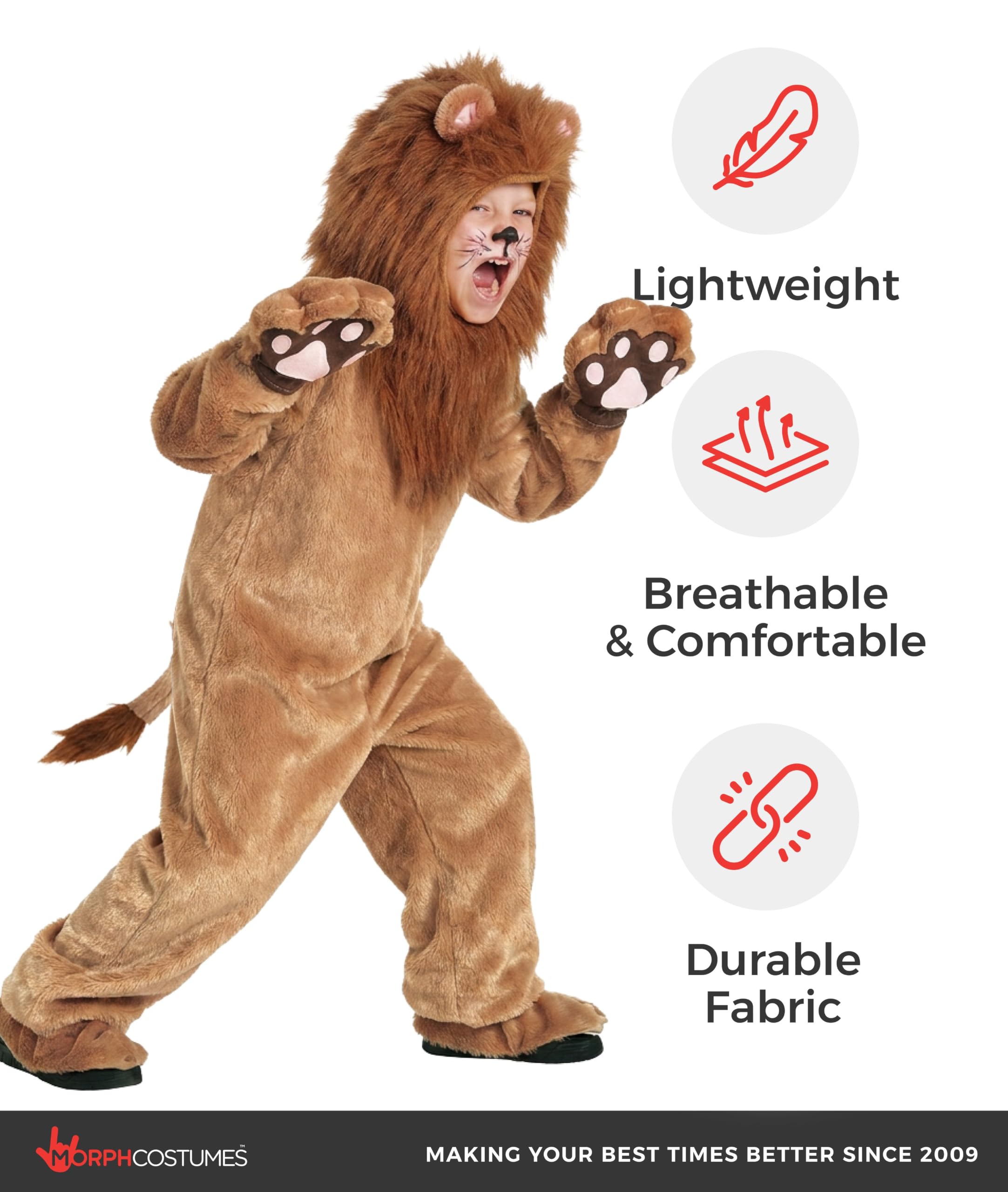 Morph Costume Leone Bambino, Costume Halloween Bambino | Tuta di Peluche, Cappuccio con Orecchie, Coda & Copriscarpe, Perfetto per Halloween, Ideale per il Gioco di Ruolo