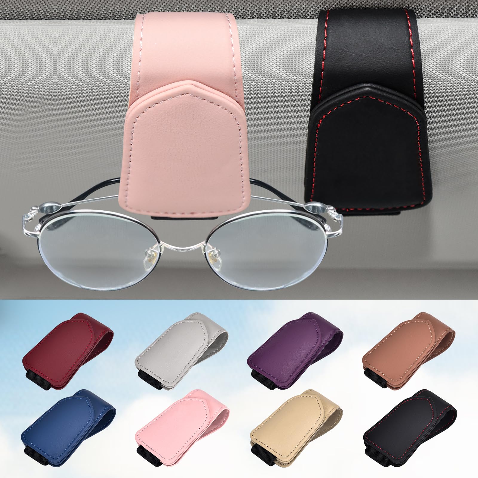 Black Sunglasses Holder for car Visor, 2 Packs Magnetic Leather Sunglasses Clip for car Visor, car Accessories for Women and Men Interior, Visor Sunglasses Holder Clip（Black+Pink）