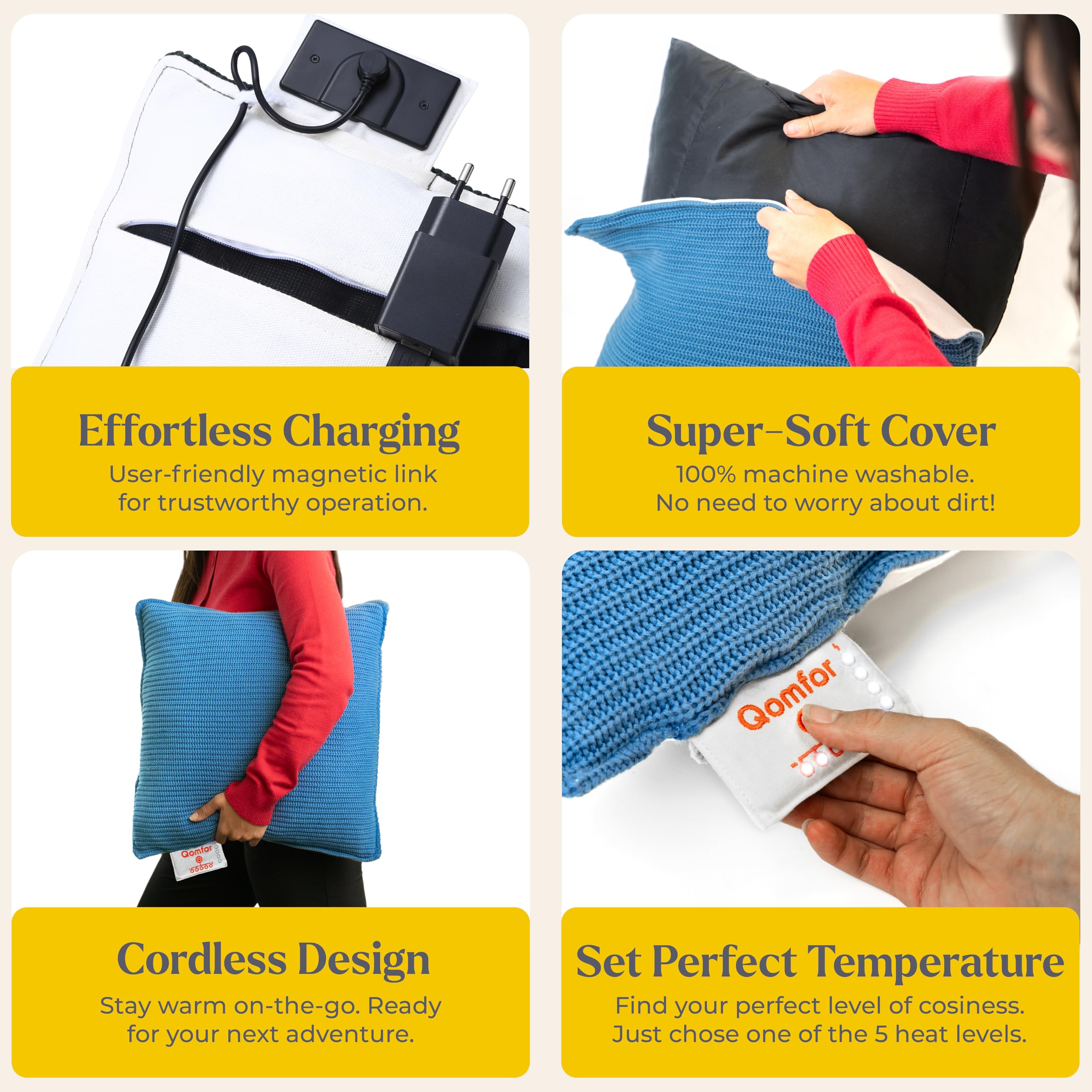 Qomfor - Cuscino riscaldato premium/cuscino termico - Supporto lombare elettrico per alleviare il mal di schiena - Blu acqua - Cuscino regolabile con 3 livelli di calore con power bank