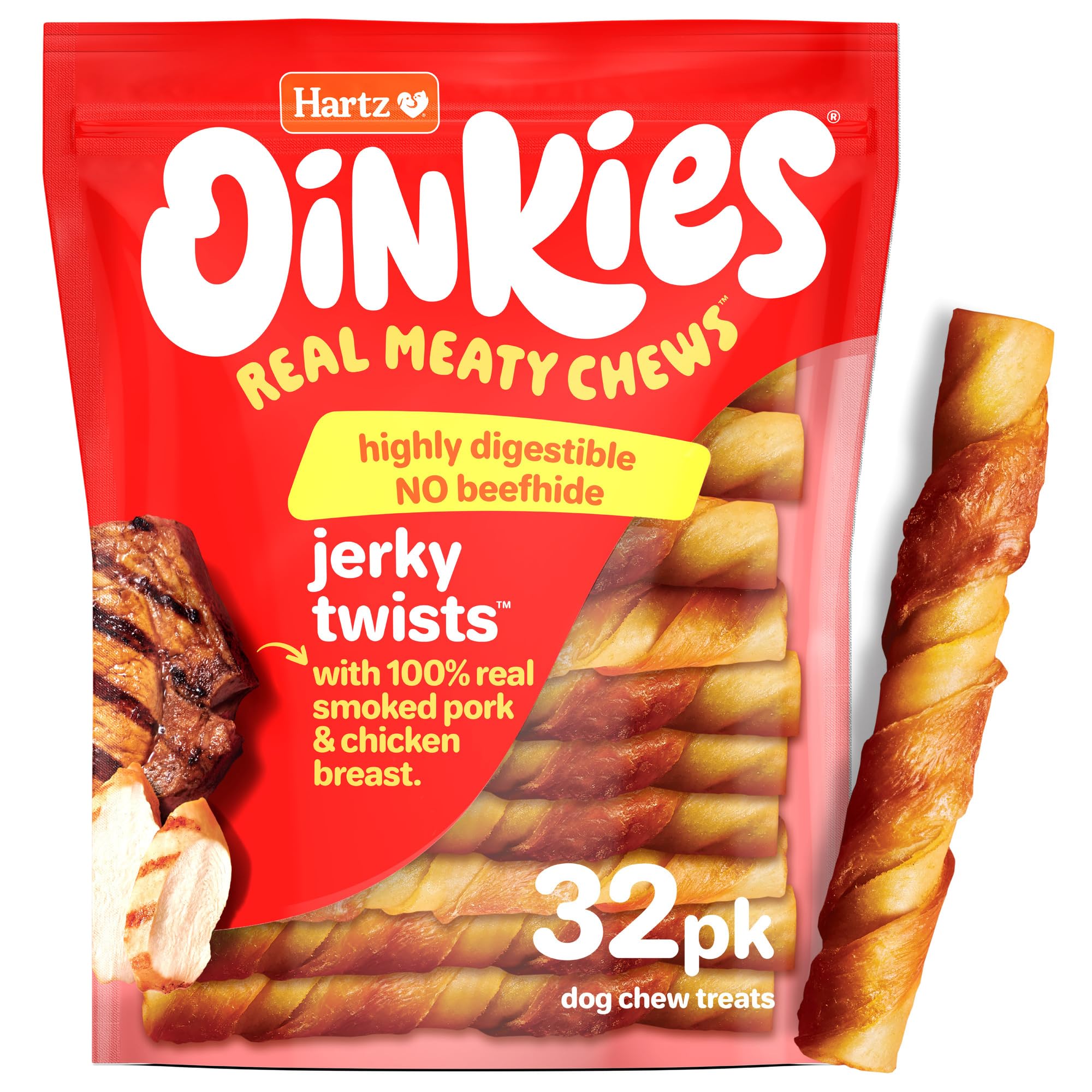 Hartz Oinkies Porkalicious Smoked Pig Skin Jerky Twists Dog Treats 32pk
