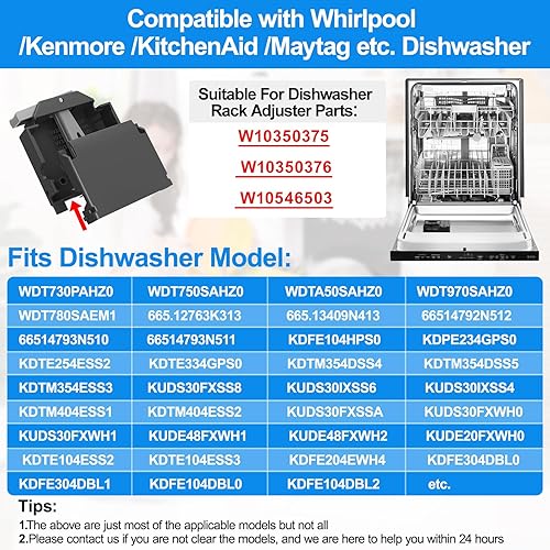 Miniatura 3 de Ajustador de rejilla para lavavajillas W10195372 W10195373 - Carcasa izquierda derecha para Whirlpool Lavavajillas Top Rack Parts, WDT750SAHZ0