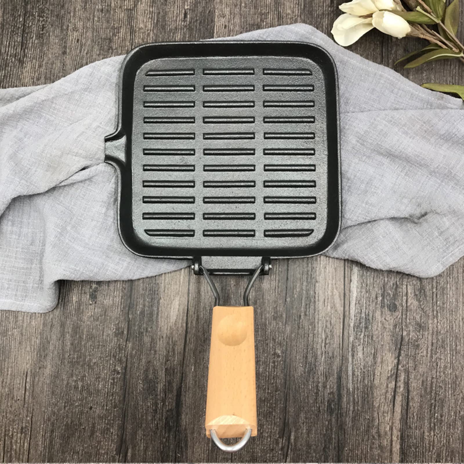 Padella in ghisa per barbecue, antiaderente, facile da pulire, pieghevole, 22 cm, ideale per bistecca da campeggio