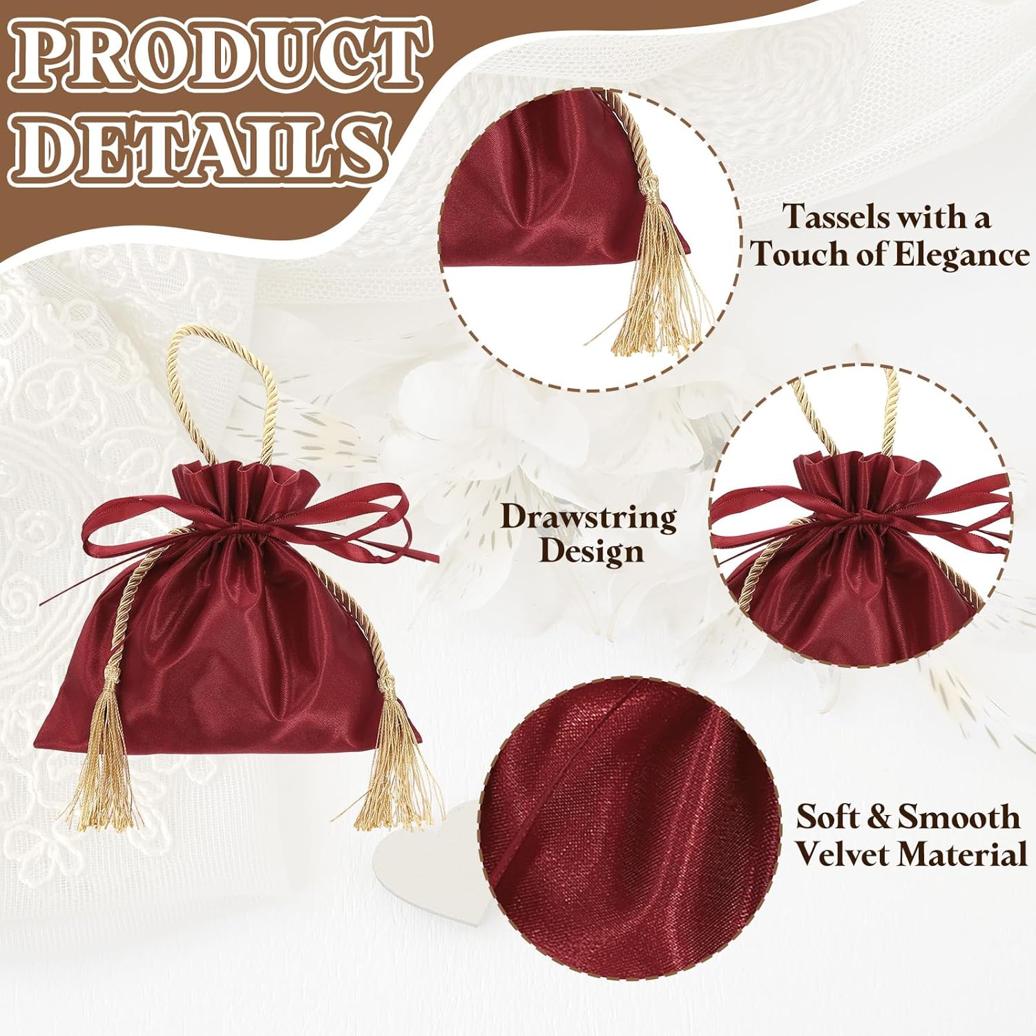 PATIKIL Velvet Gift Drawstring Bags 6 x 6.3 Inch, 10Pcs Velvet Pouches Wedding Candy Bags with Tassels for Christmas Jewelry Party Favor, Wine Red Gold - Image 3