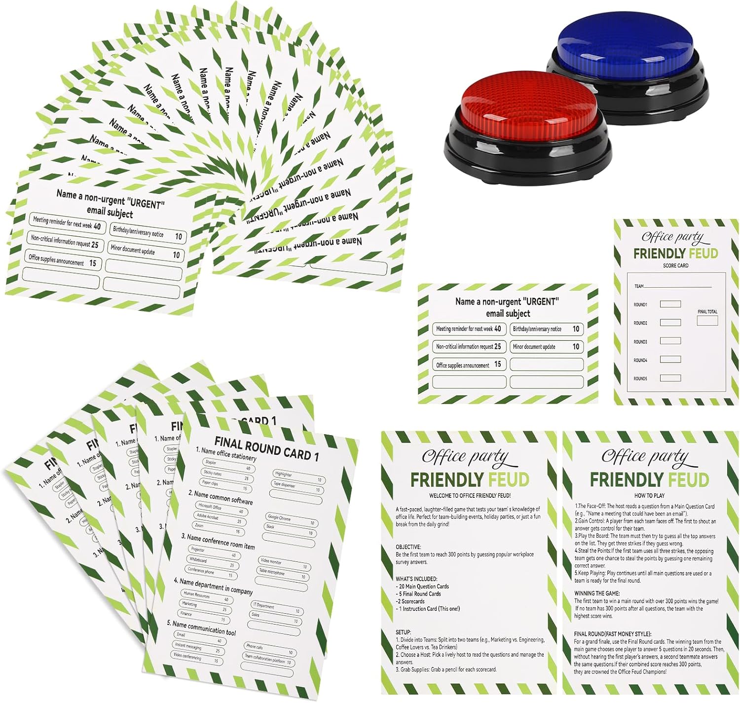 Office Party Friendly Feud Game with 2 Answer Buzzers, Team Building Trivia Quiz Cards for Work Staff Coworkers Company Groups Holiday Gathering Family Game Night