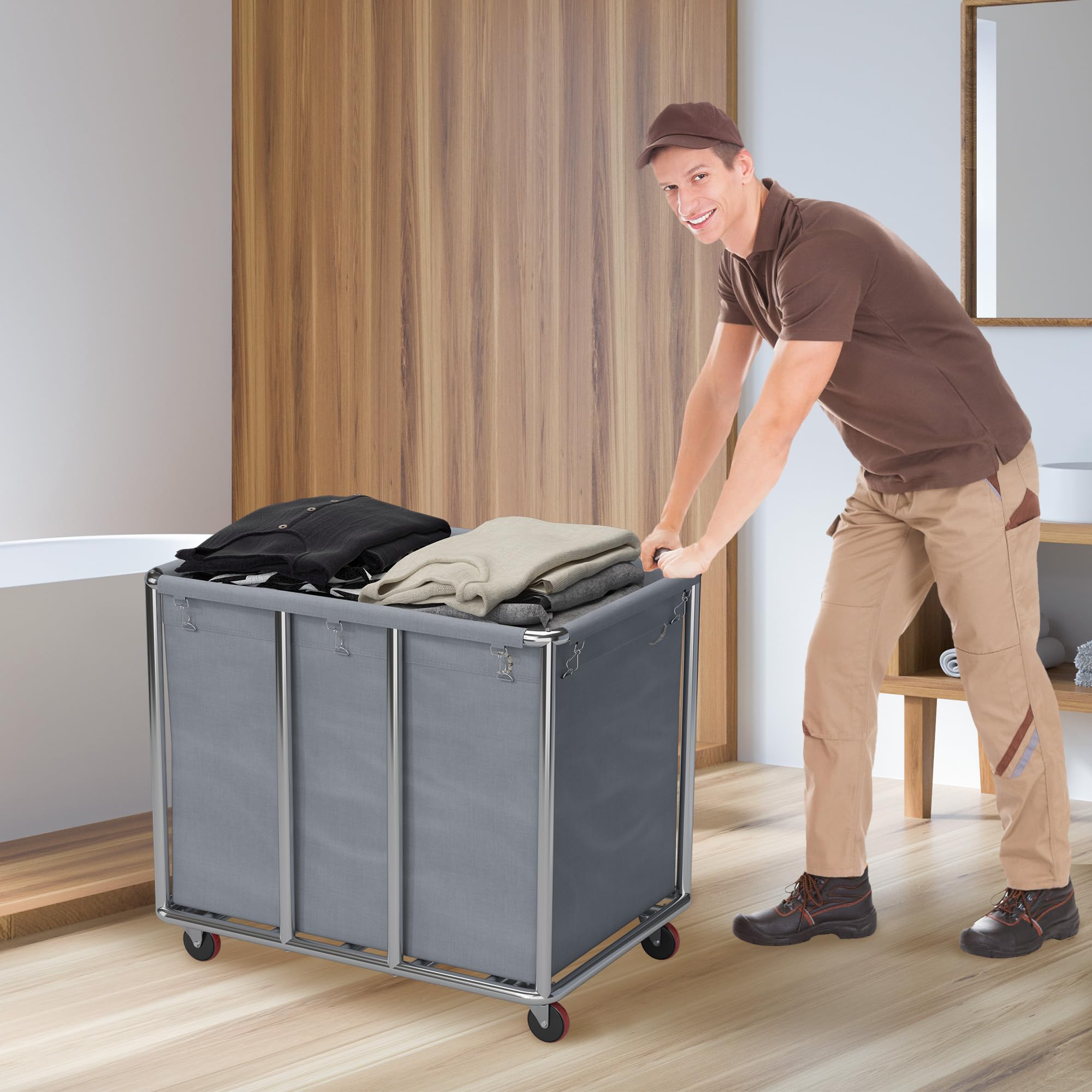 Carro de lavandería de acero inoxidable, carrito de lavandería comercial, cesta grande con ruedas, cestas laundry para el hogar, hotel, lavandería, hospitales, 90 × 65 × 81 cm (gris)