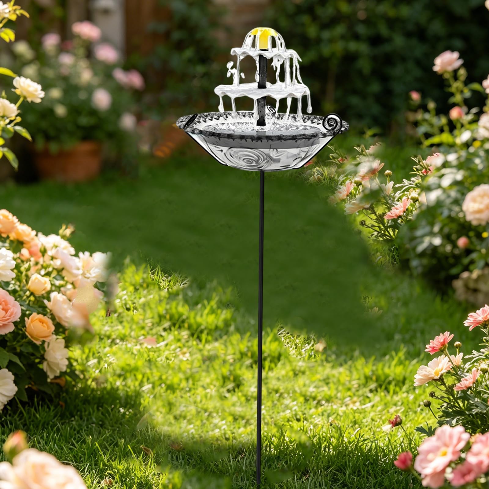 Black-L Solar Outside Garden Birdbath Bowl With 5 Prongs Base Stake Garden Bird Drinking Station Rust-Proof Freestanding Birdbaths For Bird Watching&Garden Decoration (Black L)