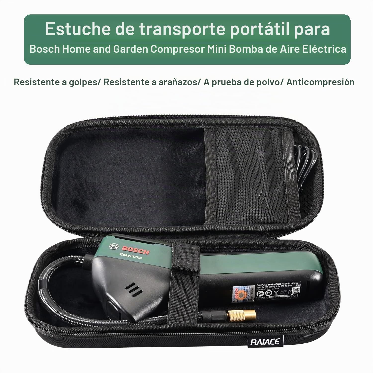 RAIACE Maletín de almacenamiento rígido compatible con el mini compresor de aire eléctrico para hogar y jardín de Bosch, bolsa de transporte protectora para viajes. - Negro