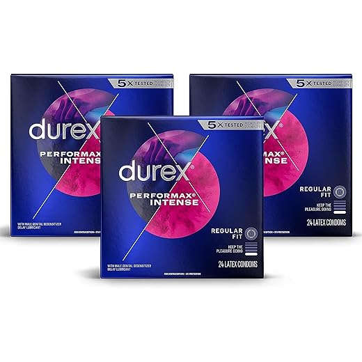 Durex Performax Intense Natural Rubber Latex Condoms, Regular Fit, 24 Count (Pack of 3), Contains Desensitizing Lube for Men, FSA & HSA Eligible (Packaging May Vary)
