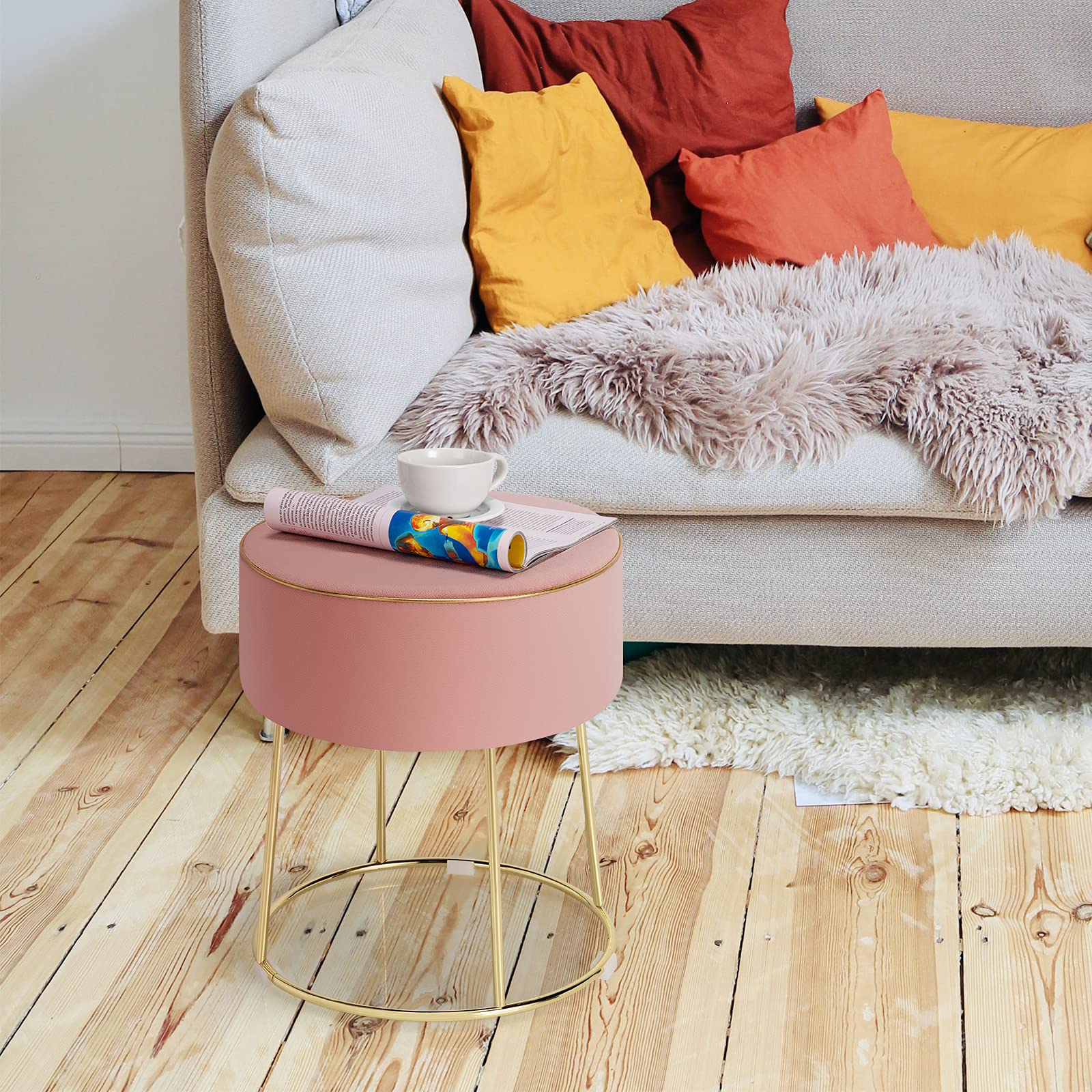 COSTWAY Tabouret Coiffeuse Rond, Pouf Coiffeuse en Velours Rembourré, Pouf Tabouret, Base en Métal, Coussinets Antidérapants, pour Salon, Chambre, Entrée, 35 × 35 × 41 cm (Rose)