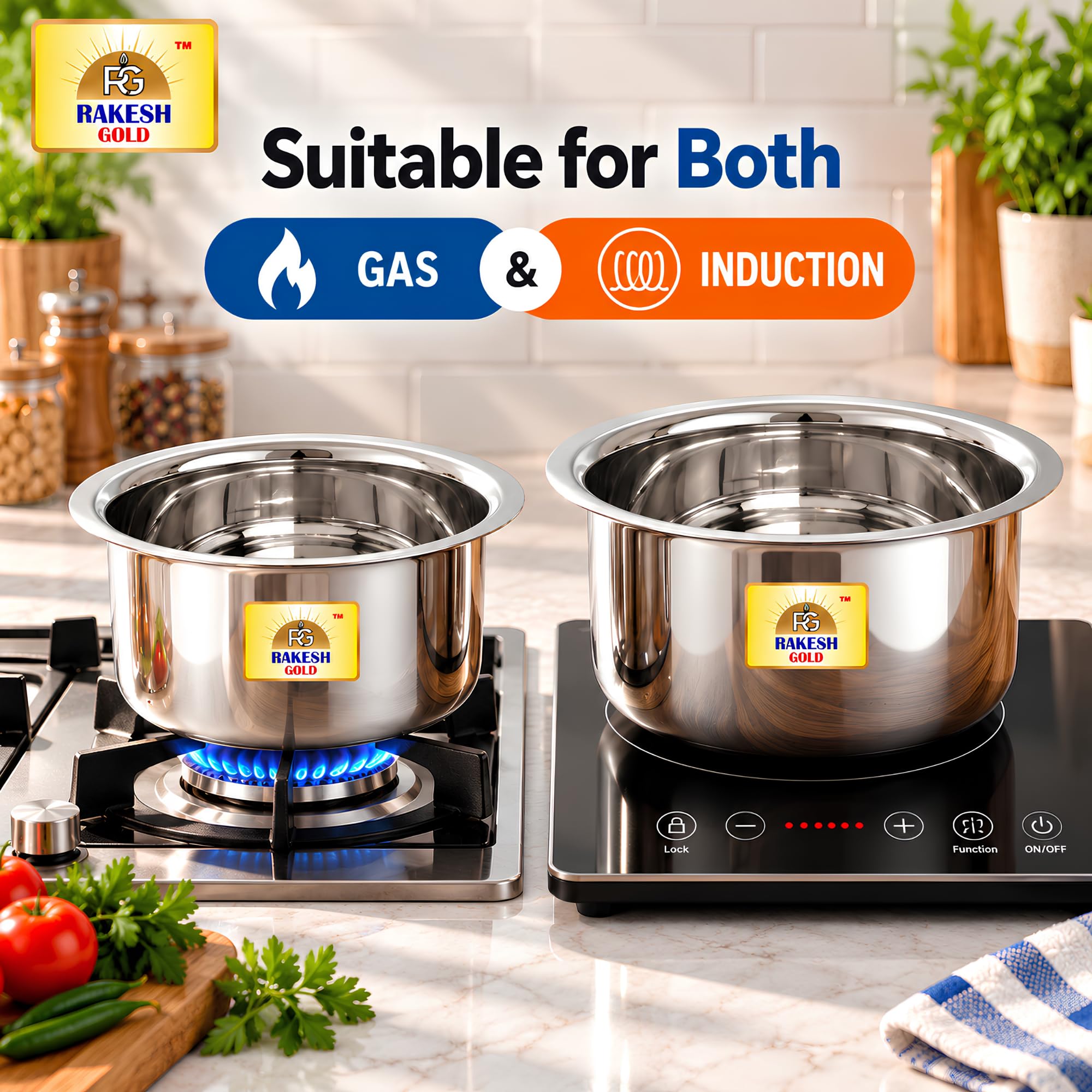 Rakesh Gold Stainless Steel Gunj Set - 2 Pots -3