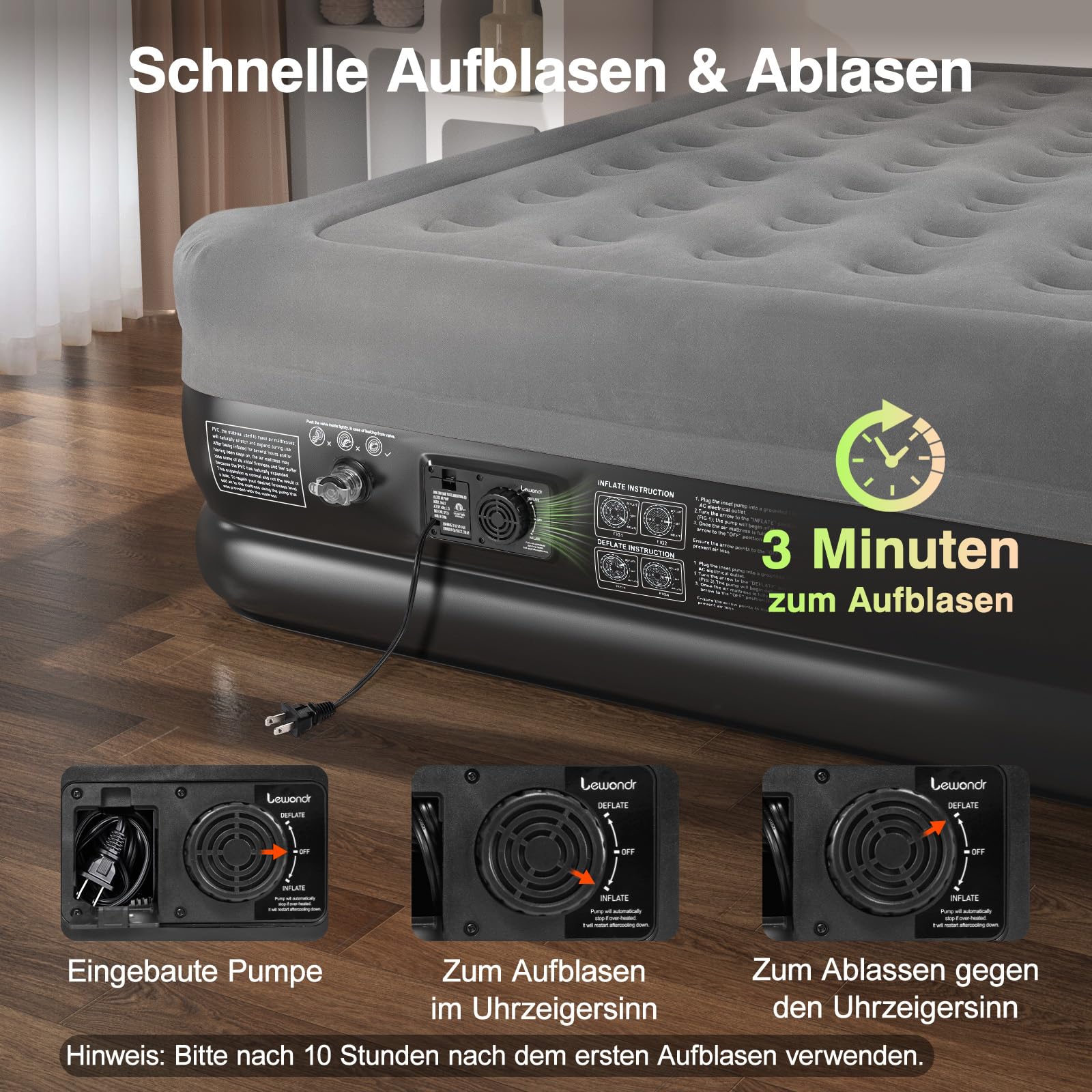 Lewondr Luftbett 2 Personen mit Eingebauter Pumpe 203x152x46CM Komfort Aufblasbare Matratze 3 Min Selbstaufblasend Camping Haus Gäste Reisen 300kg Grau