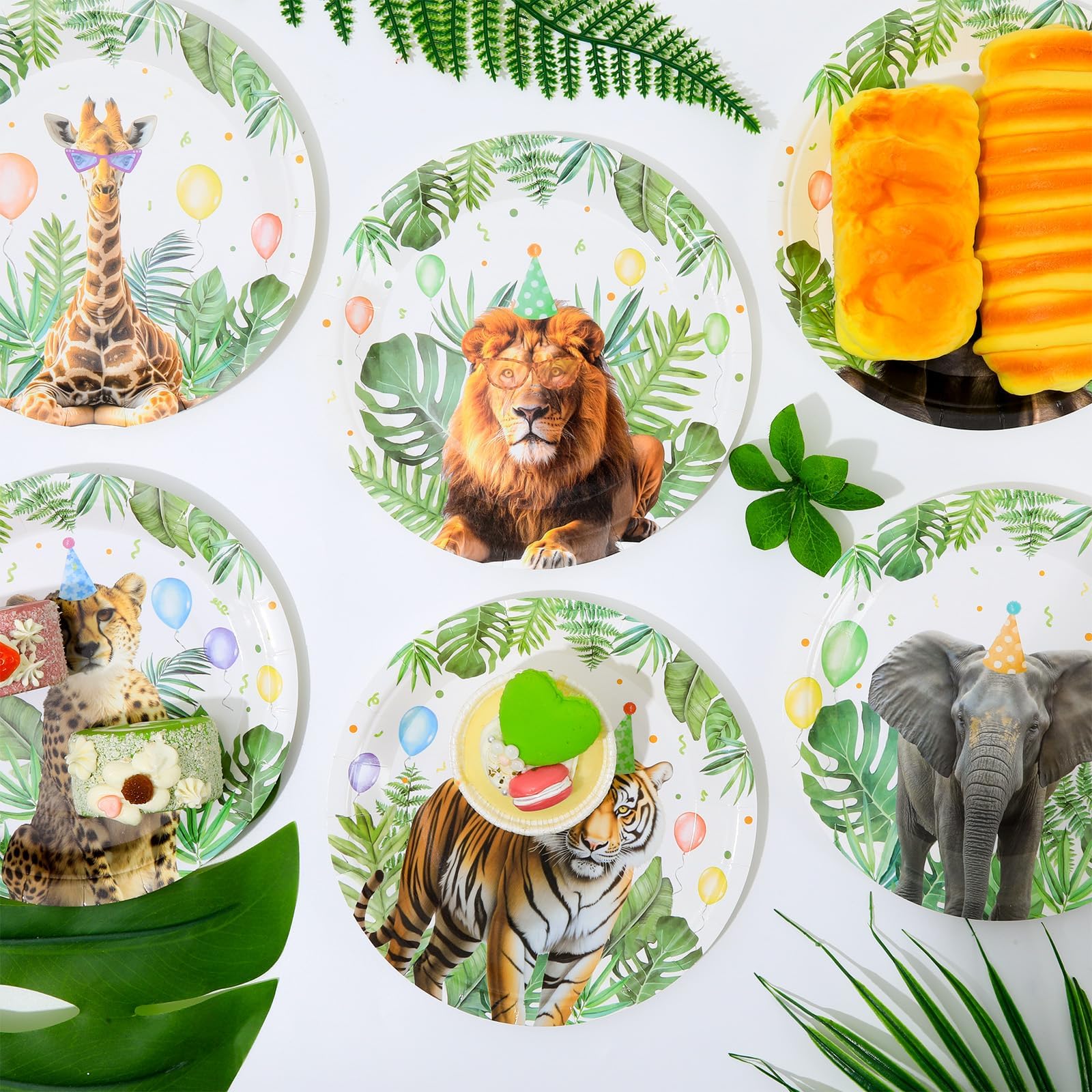 ZOIIWA Juego de 60 platos de fiesta de safari de la selva de 7 pulgadas, diseño de animales salvajes, vajilla de papel de cumpleaños, decoraciones temáticas de animales de safari para niños y niñas