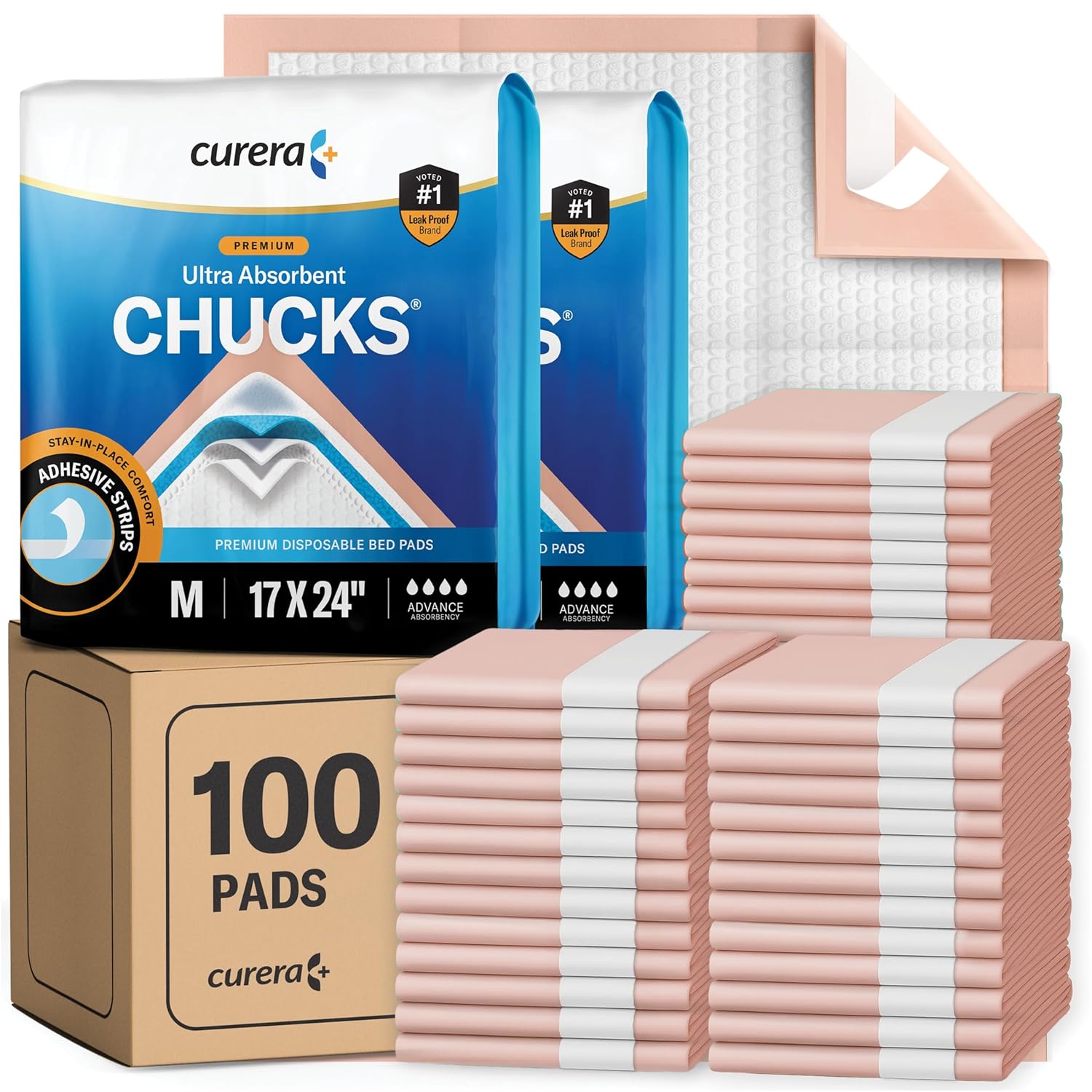 Chucks® Premium Disposable Underpads 17”x24” [100-Count] Ultra Absorbent Chux Incontinence Bed Pads with Adhesive Tape for Adults, Baby Changing, Travel, and Pet Training – 17x24 Bulk Pack