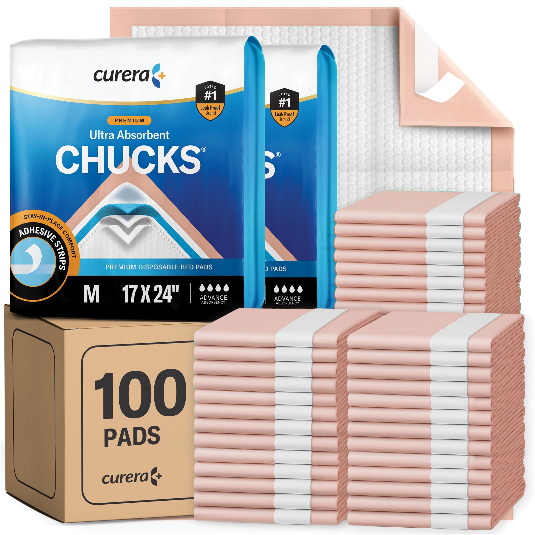 Chucks® Premium Disposable Underpads 17”x24” [100-Count] Ultra Absorbent Chux Incontinence Bed Pads with Adhesive Tape for Adults, Baby Changing,