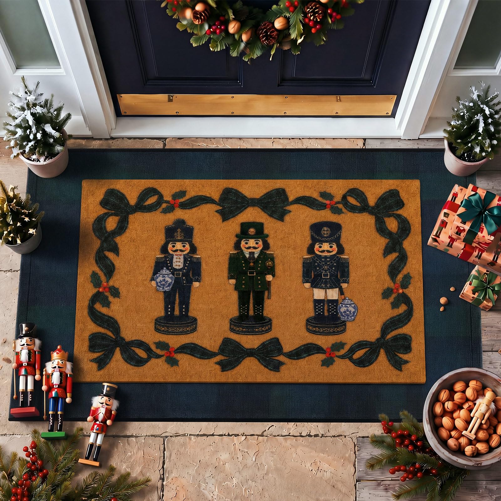 Dunzy 2 Pcs Nutcracker Doormat 23.6x35.4 Inch Coir Christmas Mat Tartan