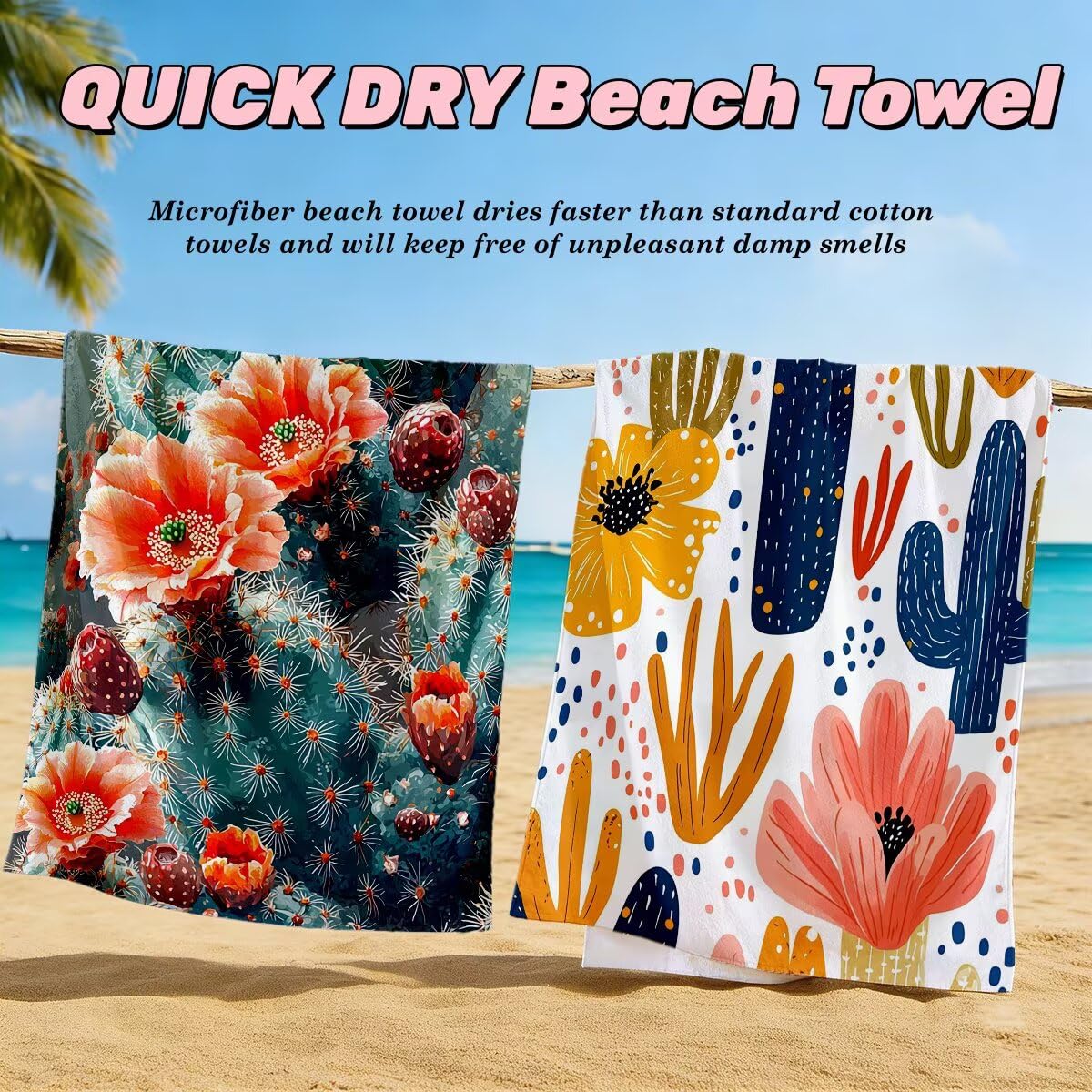 Toalla Playa 100x200 cm, Toalla Gimnasio Microfibra Secado Rapido, Juego de 2 Antiarena Toallas de Playa, Ligera Compacta Toallas Microfibra Grande para Viaje, Regalo Hombre Mujer (Cactus) -5091