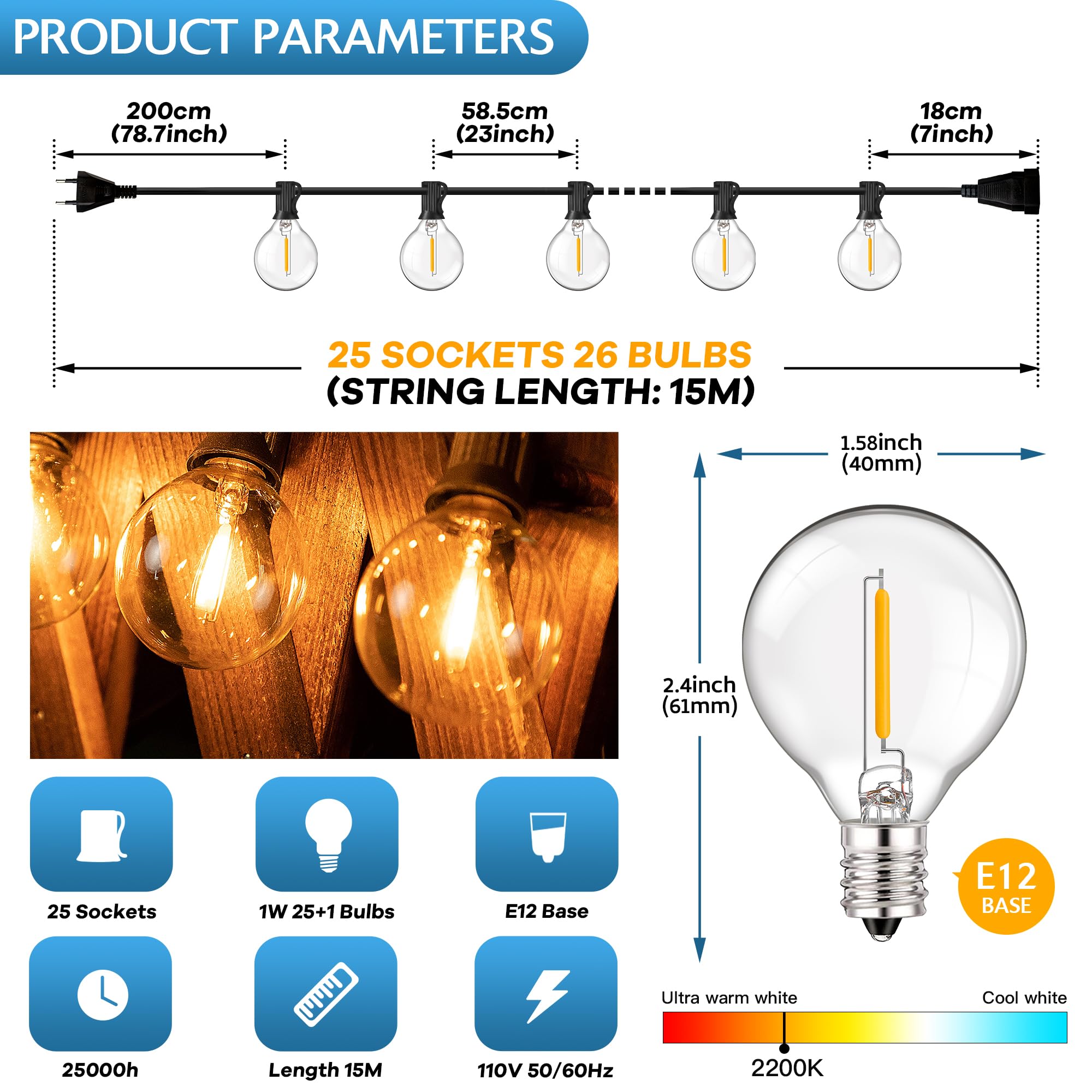 Sphoon Outdoor String Lights G40 LED Globe Glass Bulbs, 50FT Waterproof Hanging String Light with 26 Warm White Shatterproof Bulbs for Backyard Porch Balcony Party Cafe Deck Decor