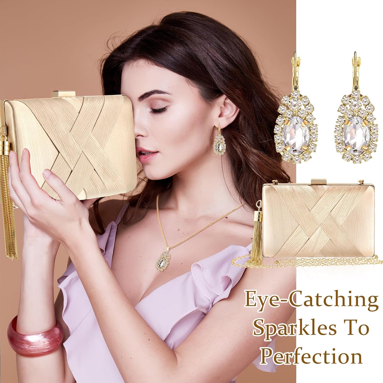 Quelay 4 Pcs Women Satin Clutch Purse Handbag Evening Bag for Wedding Banquet Vintage Rhinestone Necklace Earring Jewelry Set