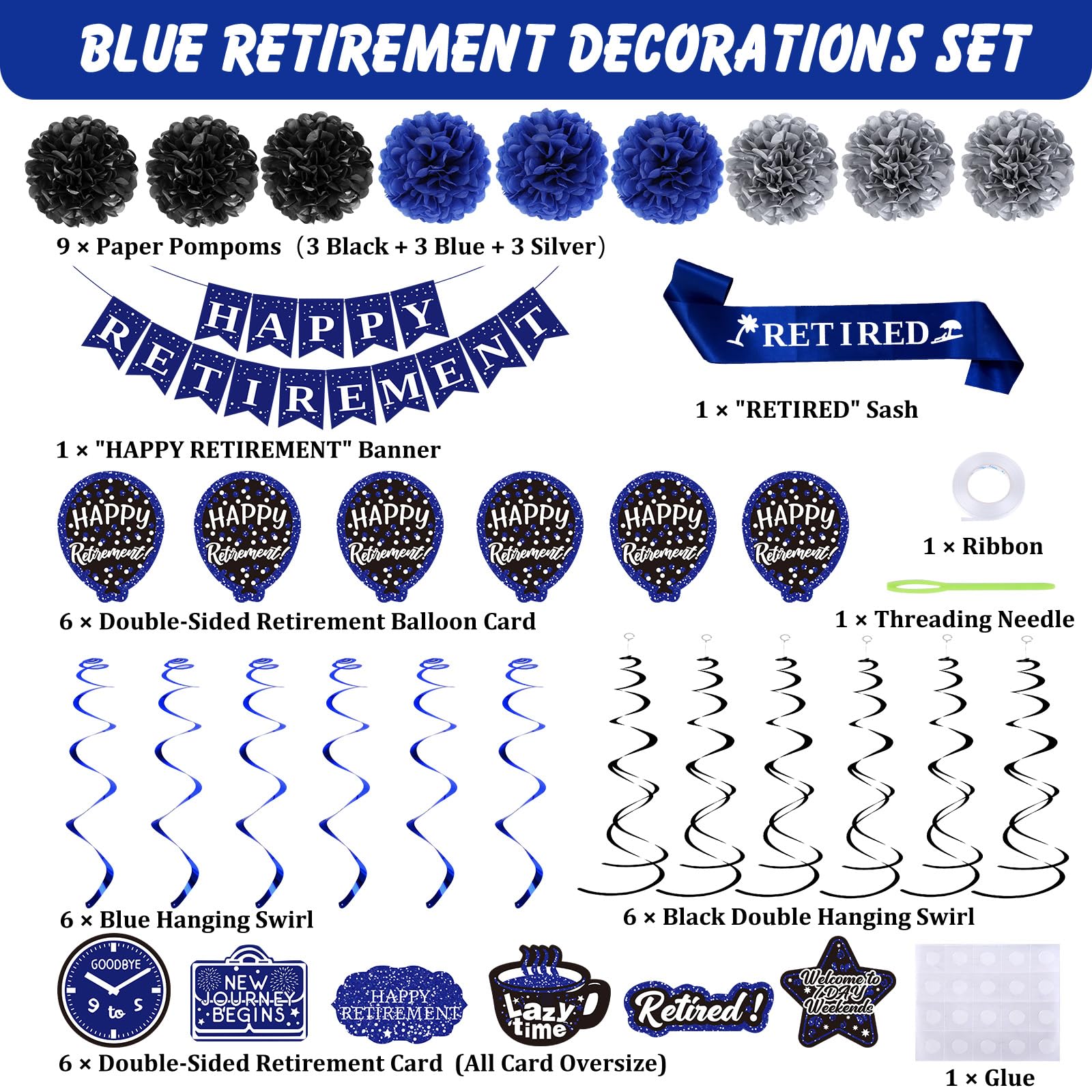 Pensioen Decoraties Mannen Blauw Gelukkig Pensioen Party Decoraties voor Vrouwen (52pack) Pensioen Banner Geschenken, Pensioen Decor Dubbelzijdig Patroon Kaart, Papier Poms, Pensioen Bandjes