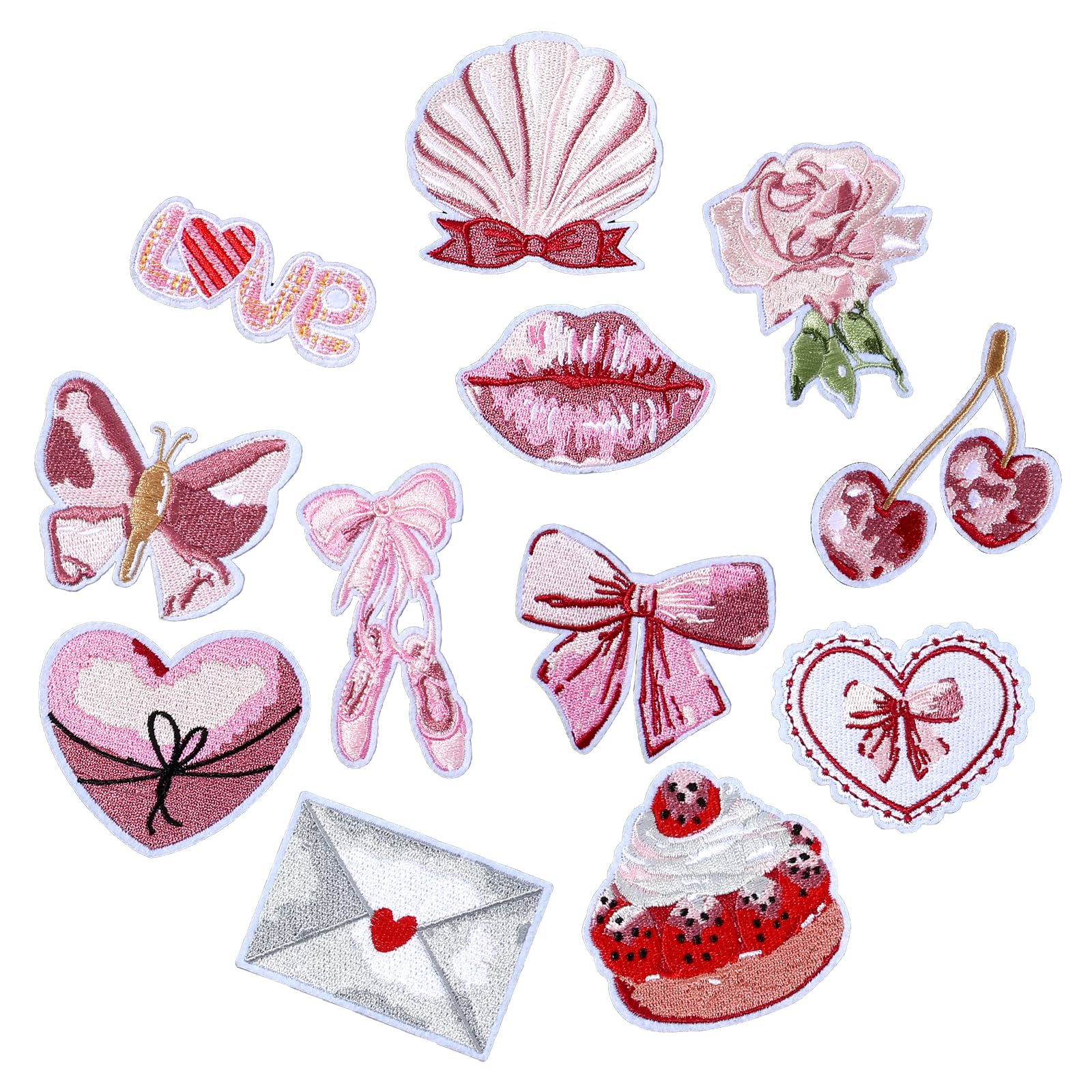 12 PCS Pink Heart Patches - Gold Edge Chenille Iron On Patches For DIY Clothes