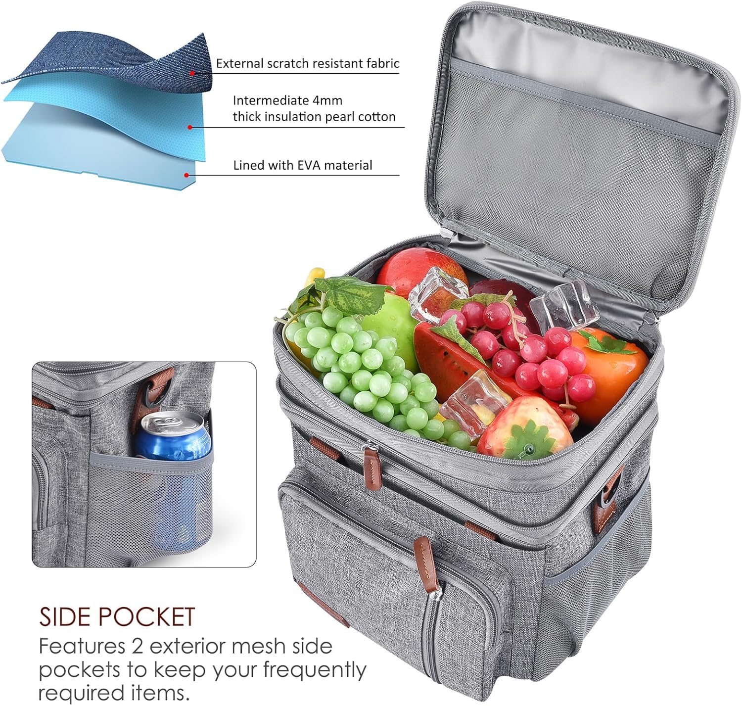 MIYCOO Lunch Bag & Lunch Box for Women Men, Double Deck Leakproof Insulated Soft Large Adult Camping Cooler bag for Work, Beach, Picnic, Travel (Grey, 15L) - Image 4