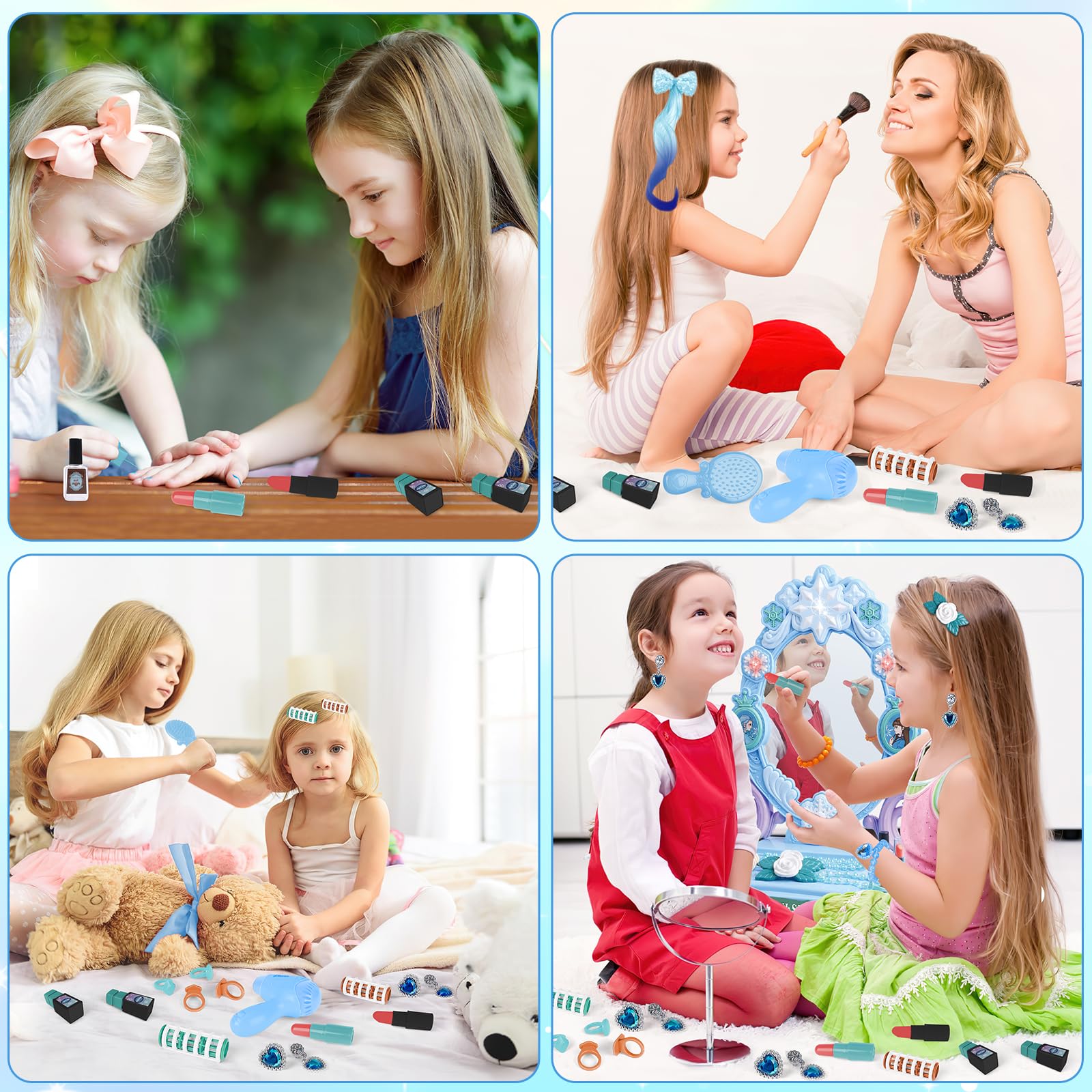 deAO Toddler Vanity Makeup Table Toy with Mirror & Chair,Kids Vanity with Light&Music,Pretend Play Makeup Toy with Hair Dryer Toy,Toddler Beauty Salon Set,Gift for Girls 3 4 5