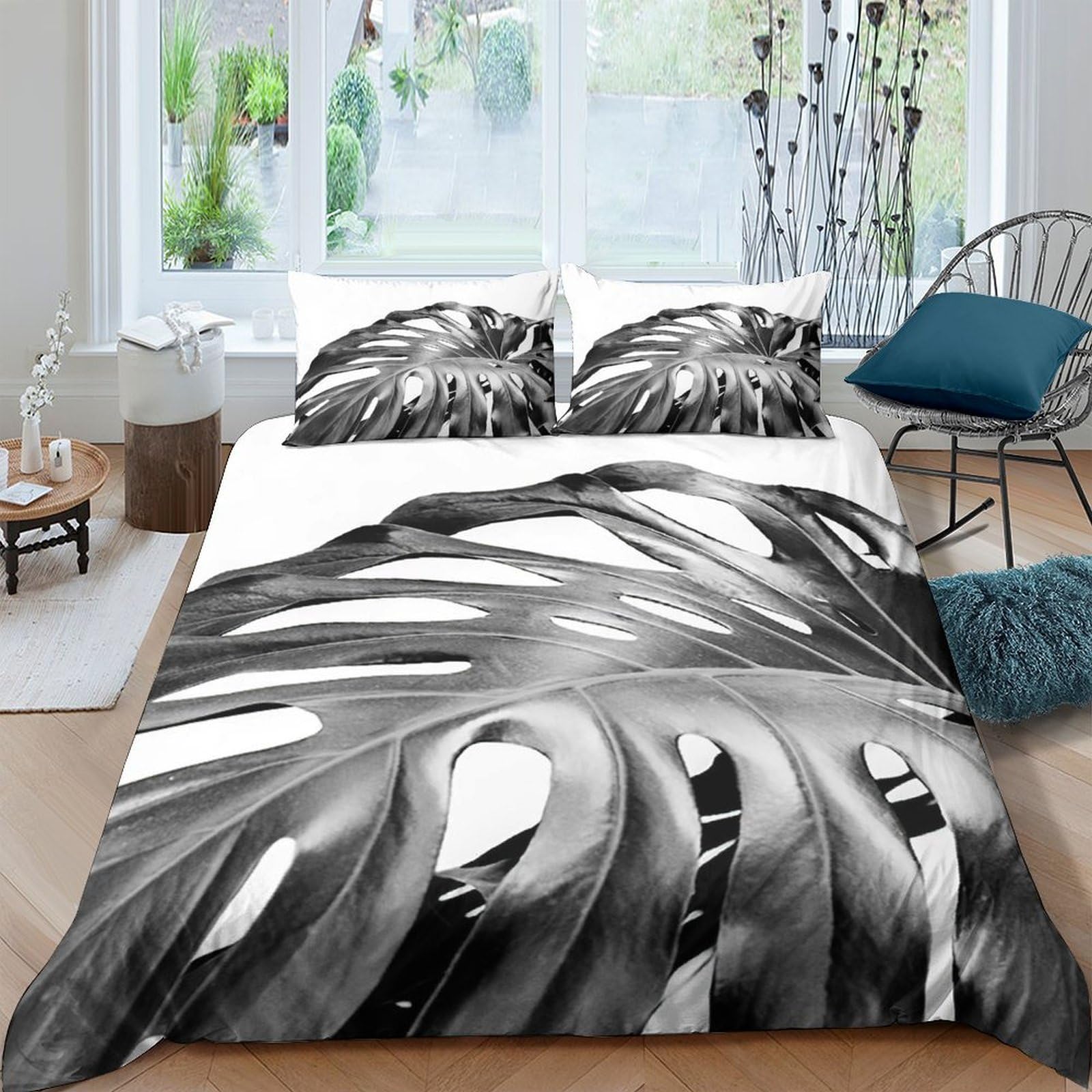Ctjqhvkz Style-4 3D Printed Monstera Leaf Fitted Sheet Microfiber Black White Tropical Jungle Mattress Cover For Bedroom Decor Single（135X200cm）