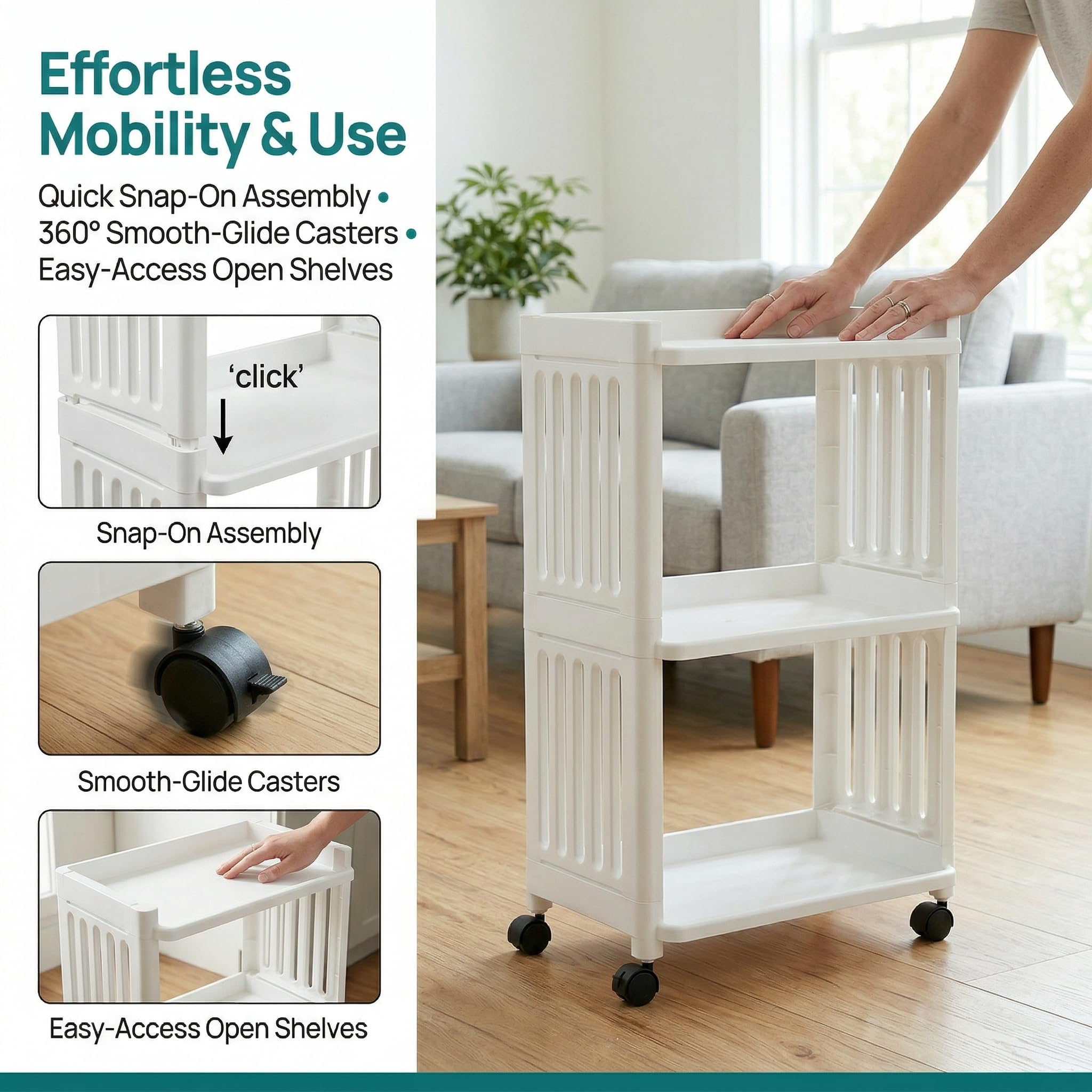 Carrello per fai da te, a 3 ripiani, in plastica, con 4 ruote, per bagno, cucina, bagno, soggiorno, ufficio, leggero, colore: bianco