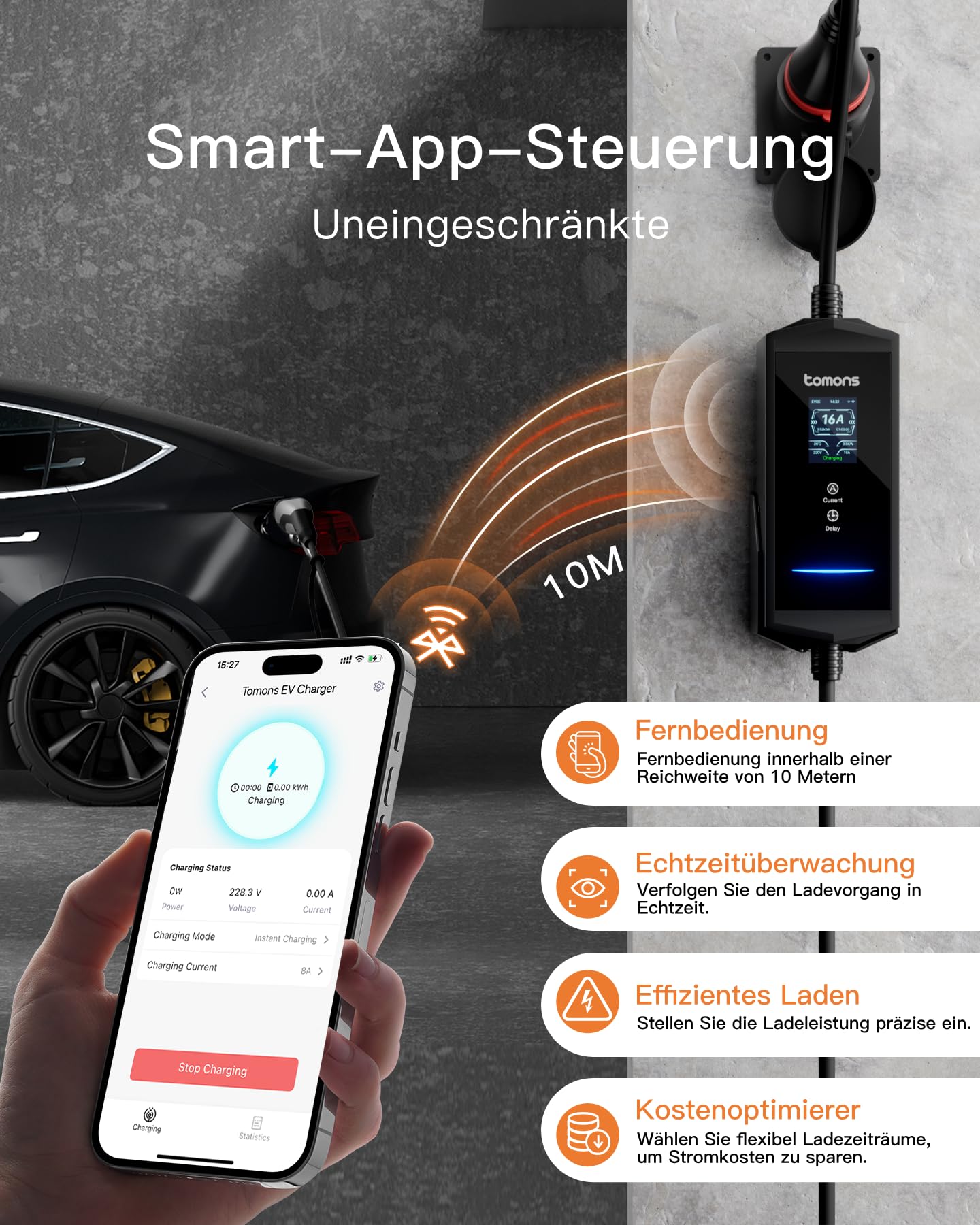 tomons Elektryczna ładowarka samochodowa APP 11 kW, 7 m 6-16A, typ 2 trójfazowa CEE z uchwytem ściennym, LCD 2,4", opóźnione ładowanie, kompatybilna z Tesla Model 3/Y, Volkswagen ID. & VE IEC 62196-2
