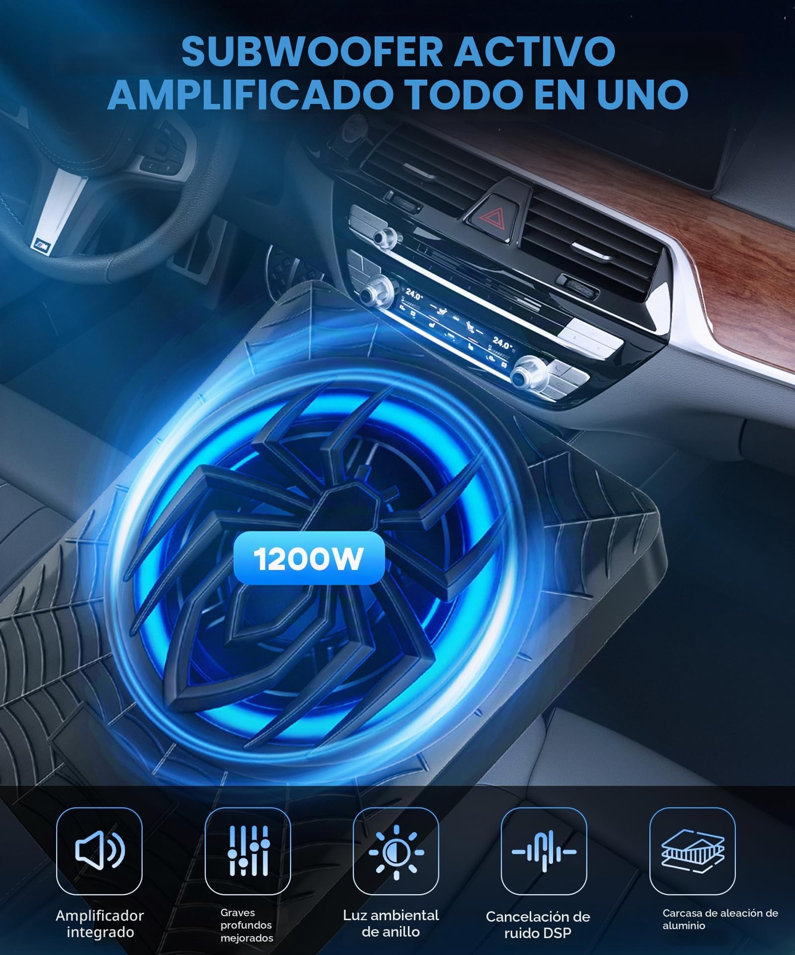 Hodozzy 1200W Subwoofer Activo para Coche 10 Pulgadas,Conjunto de Subwoofer y Amplificador Ultraplano de Alta Potencia para Debajo del Asiento con Luz RGB Sincronizada con el Ritmo,Patrón de araña