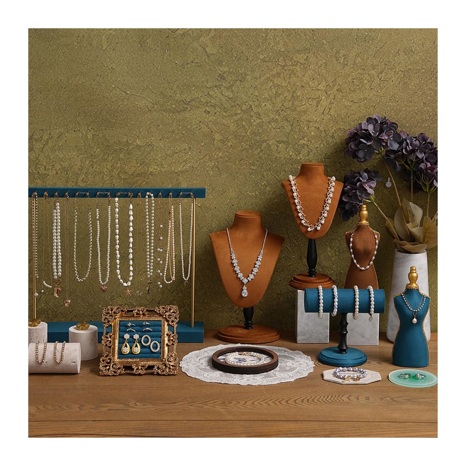 Lizhuzhuzs28 Jewelry Holder Vintage Velvet Jewelry Display Set Necklace/Bracelet/Ring Holder Stand For Storage Jewelry Display